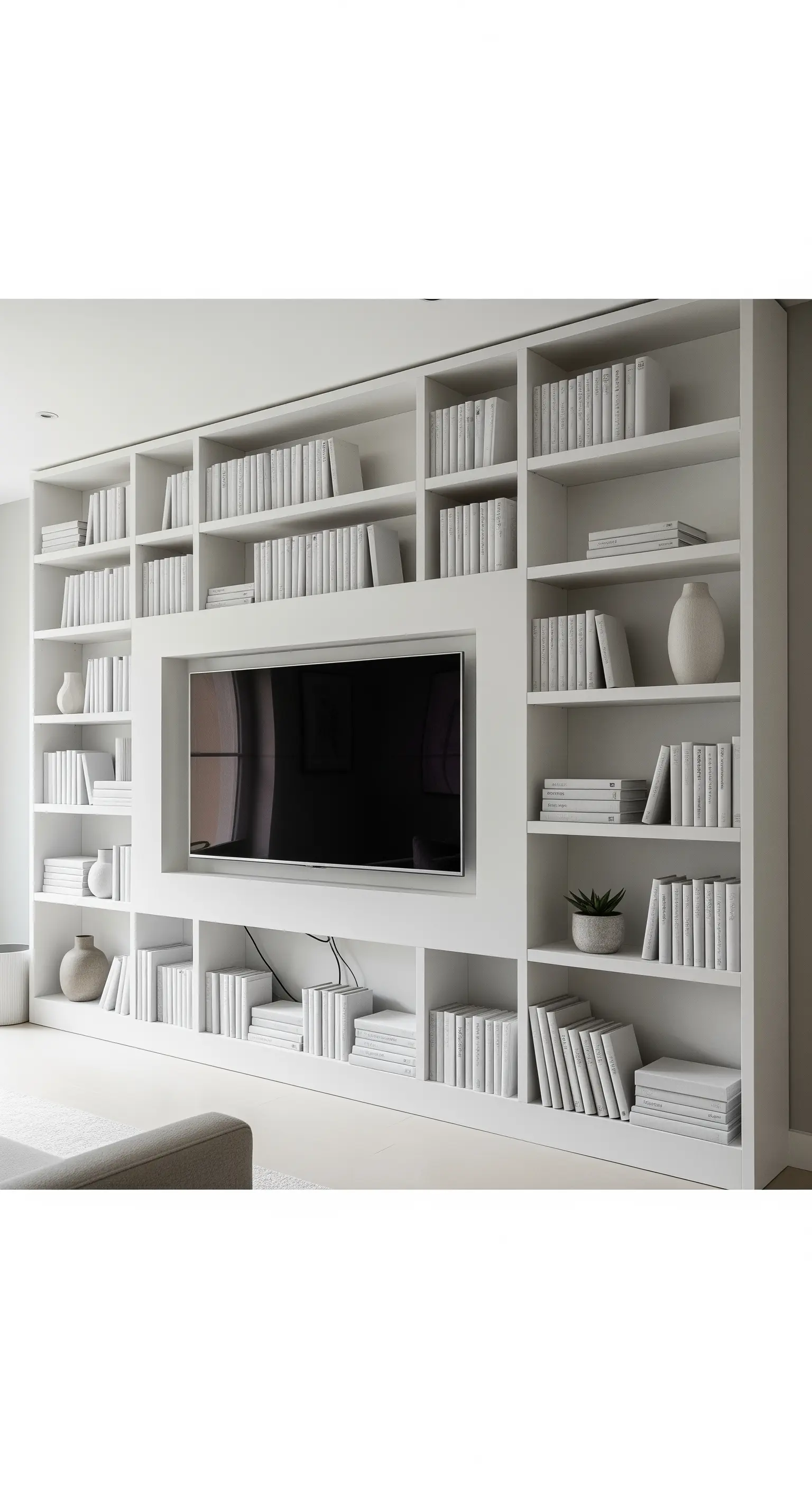 Großes weißes Regal mit integriertem TV-Platz