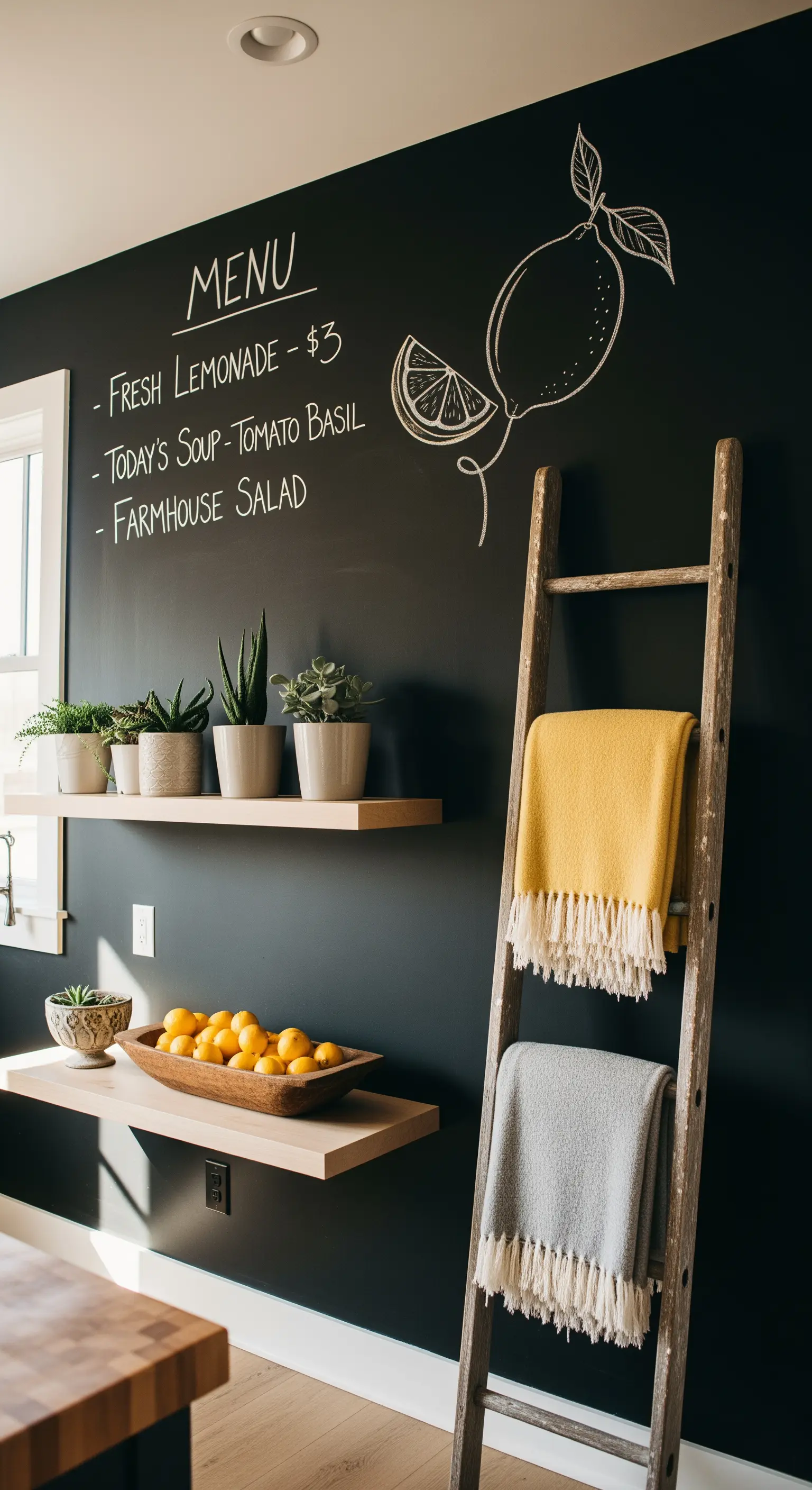 Schwarze Kreidewand mit Holzleiter und gelben Decken