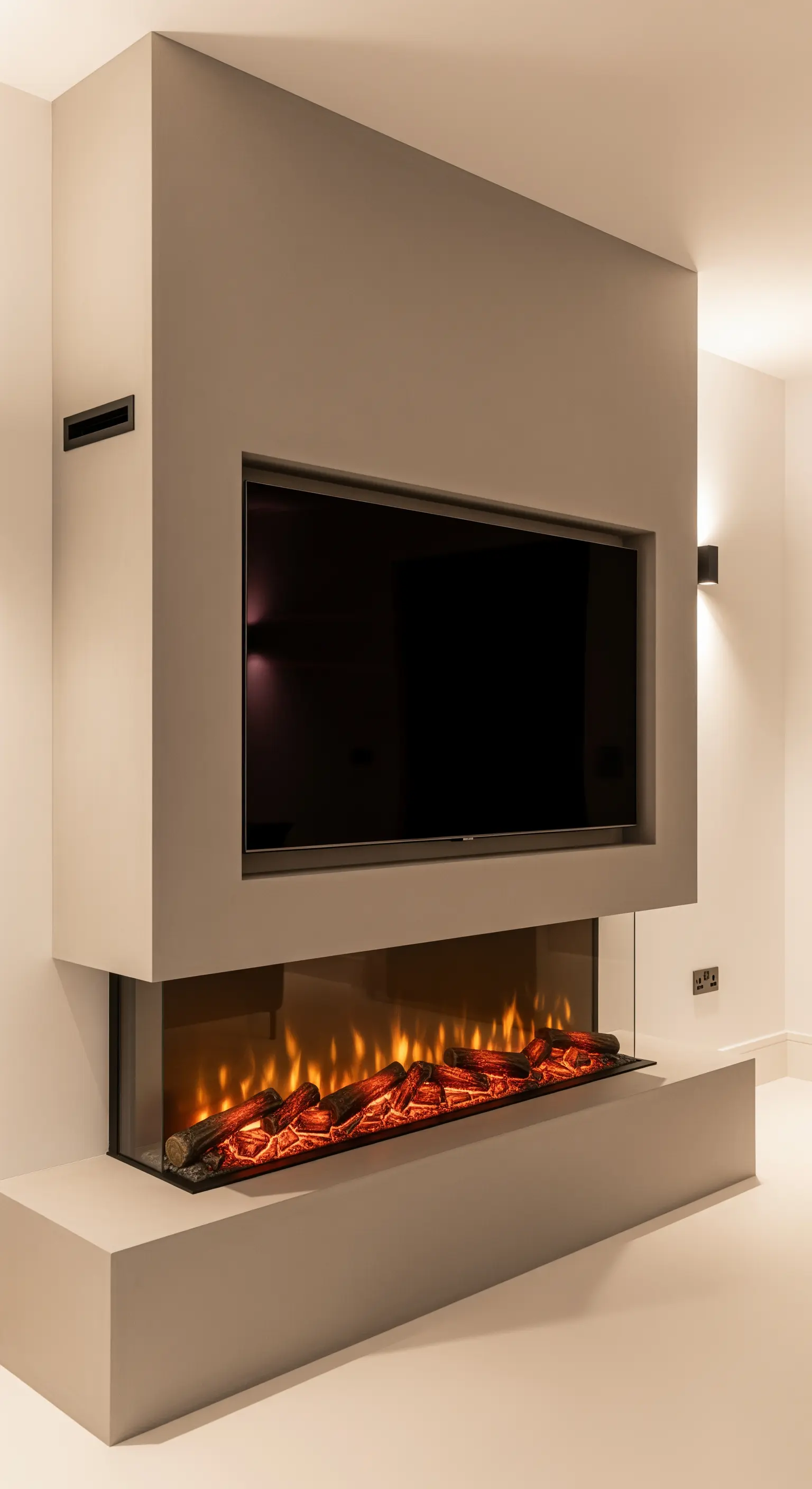 Monolithischer Kaminblock mit eingelassenem TV