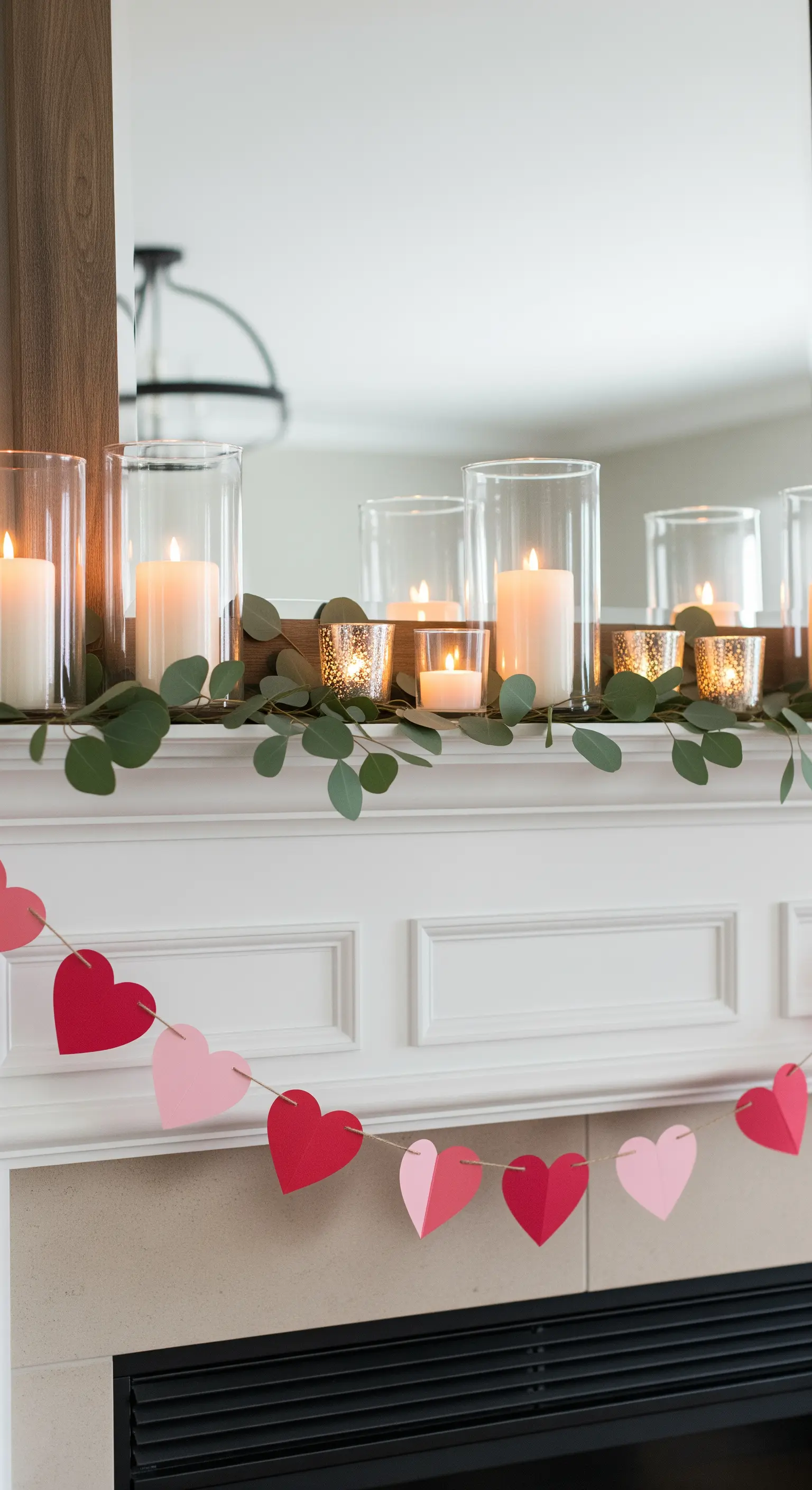 Kaminsims dekoriert mit Eukalyptus, Kerzen und Herzgirlande