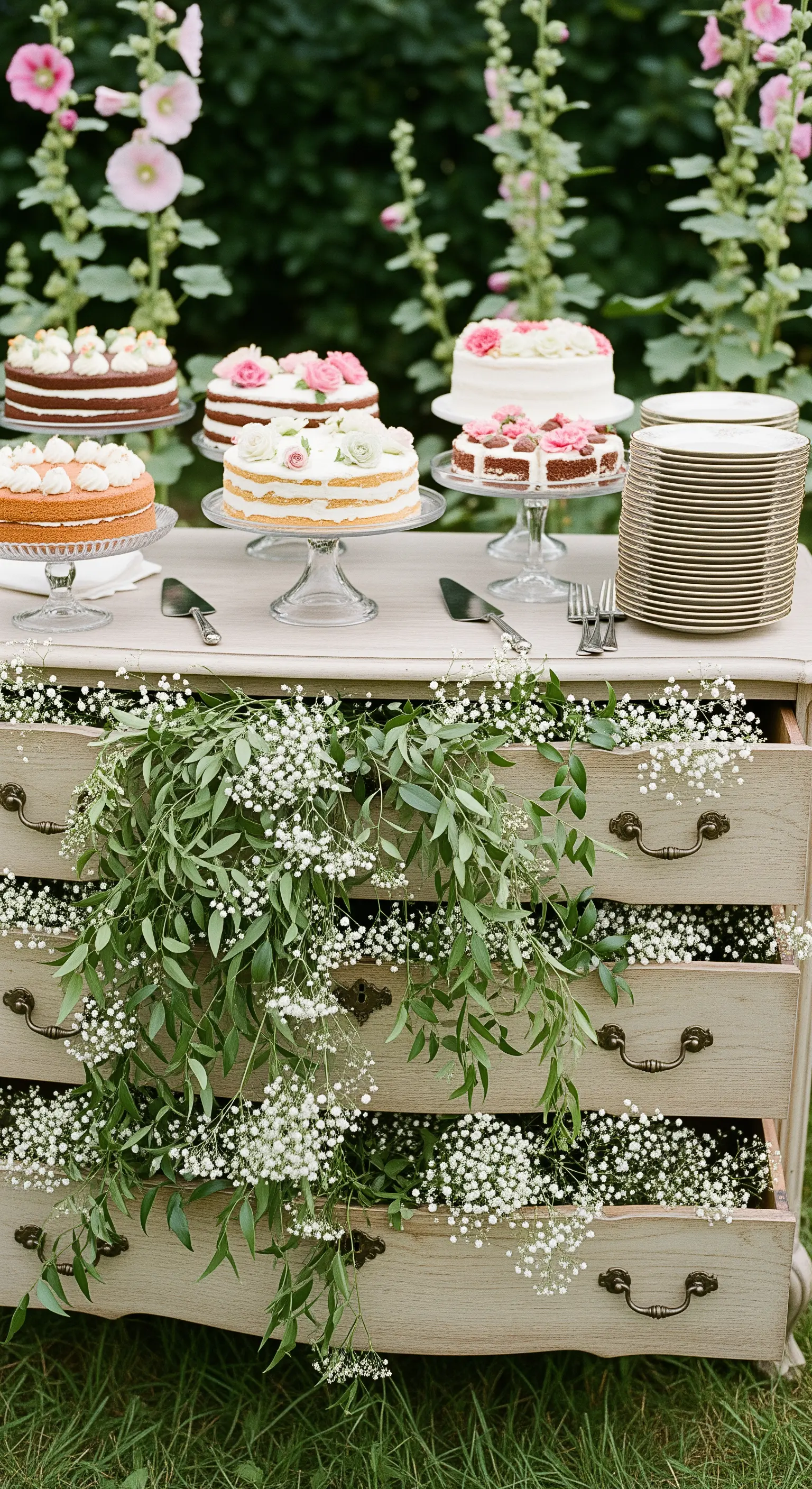 Alte Kommode im Garten mit Torte und überquellendem Schleierkraut