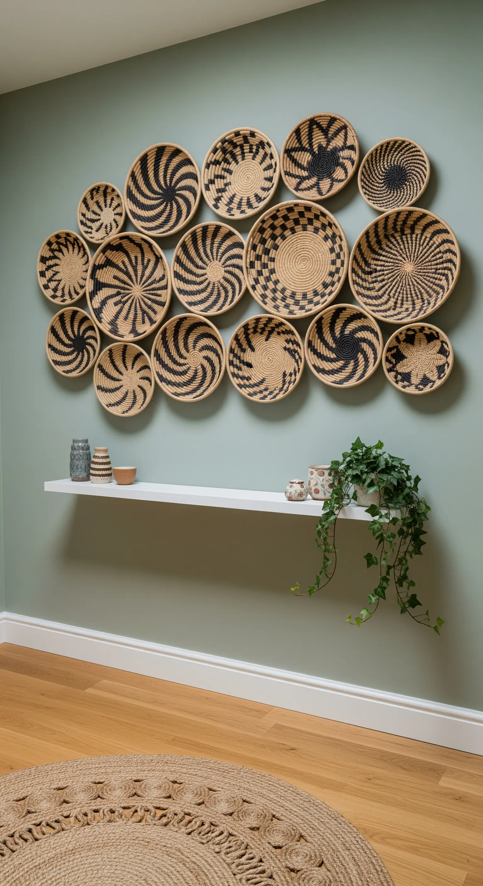 Wandgestaltung mit arrangierten geflochtenen Körben