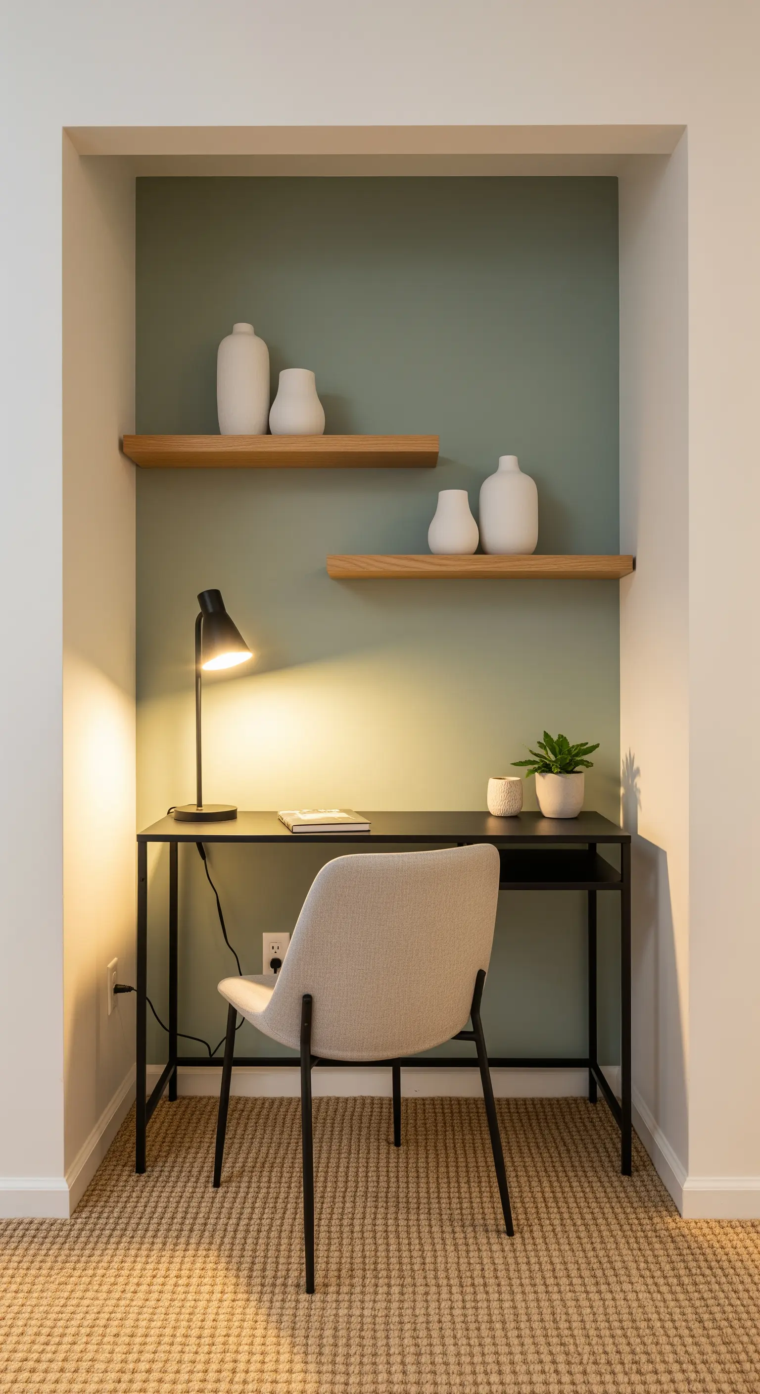 Arbeitsnische in Salbeigrün mit Holzregalen und minimalistischer Deko