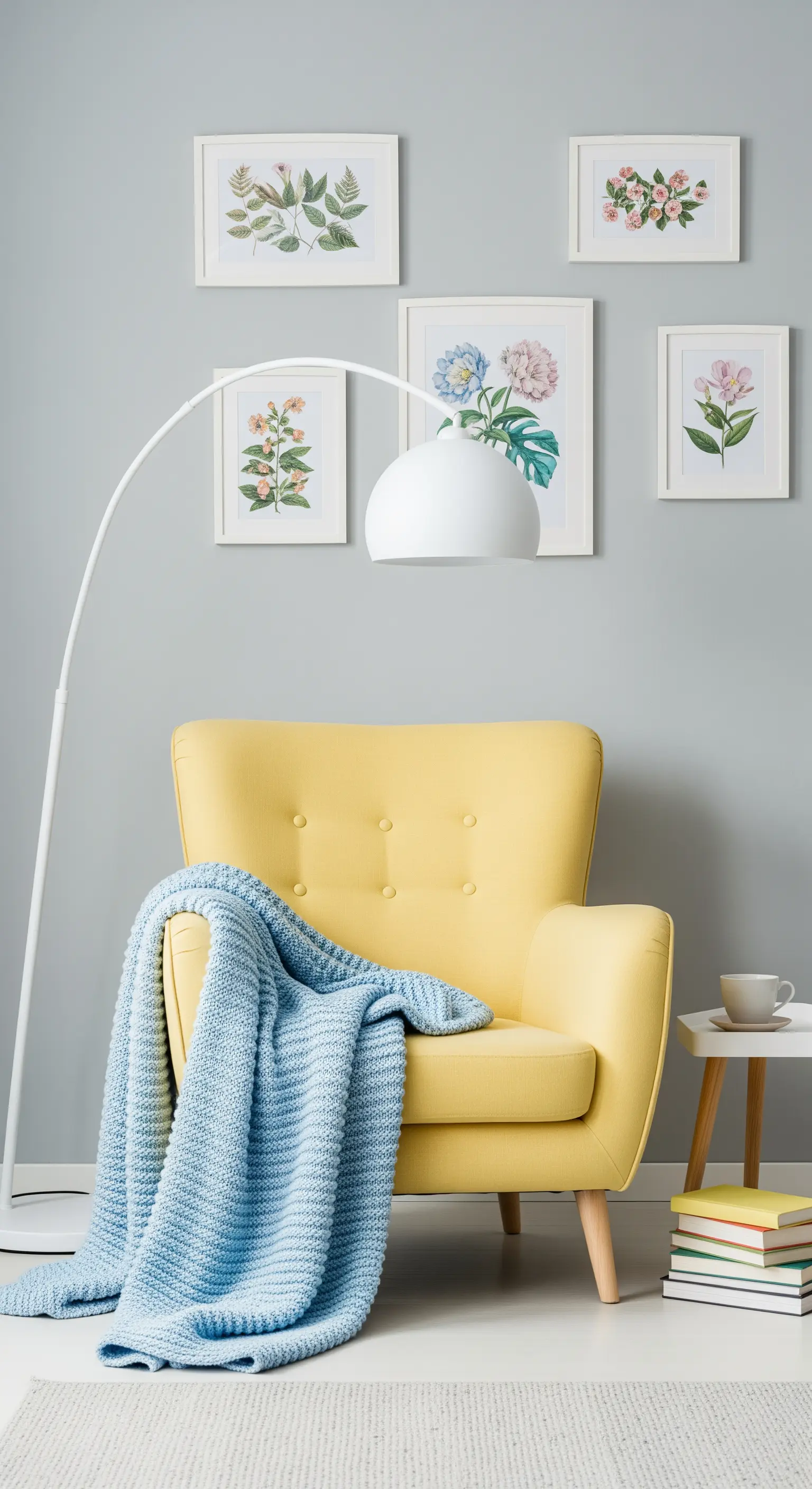 Gelber Sessel mit blauer Strickdecke und botanischen Bildern
