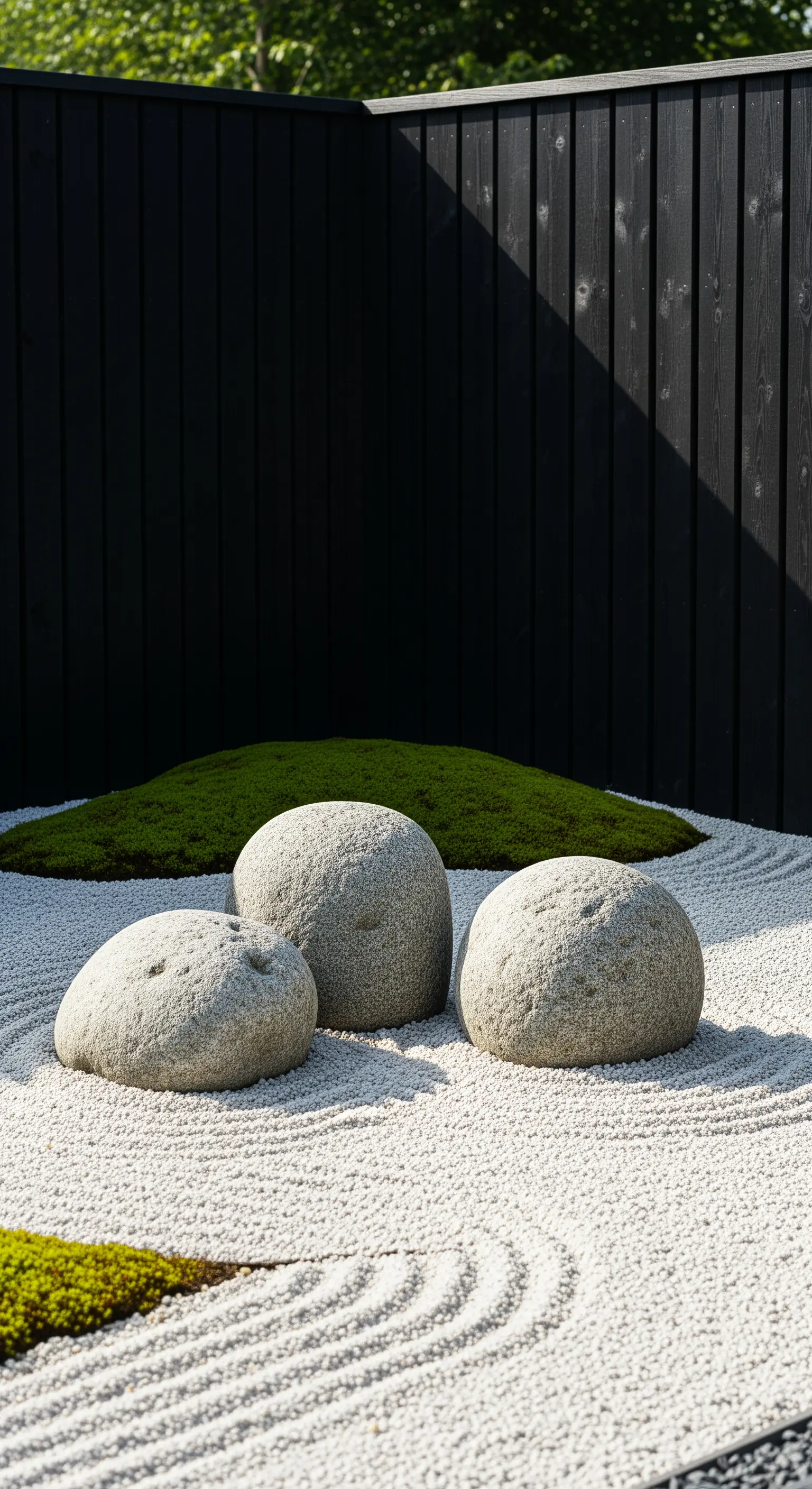 Drei große Flusssteine in einem Zen-Garten Arrangement
