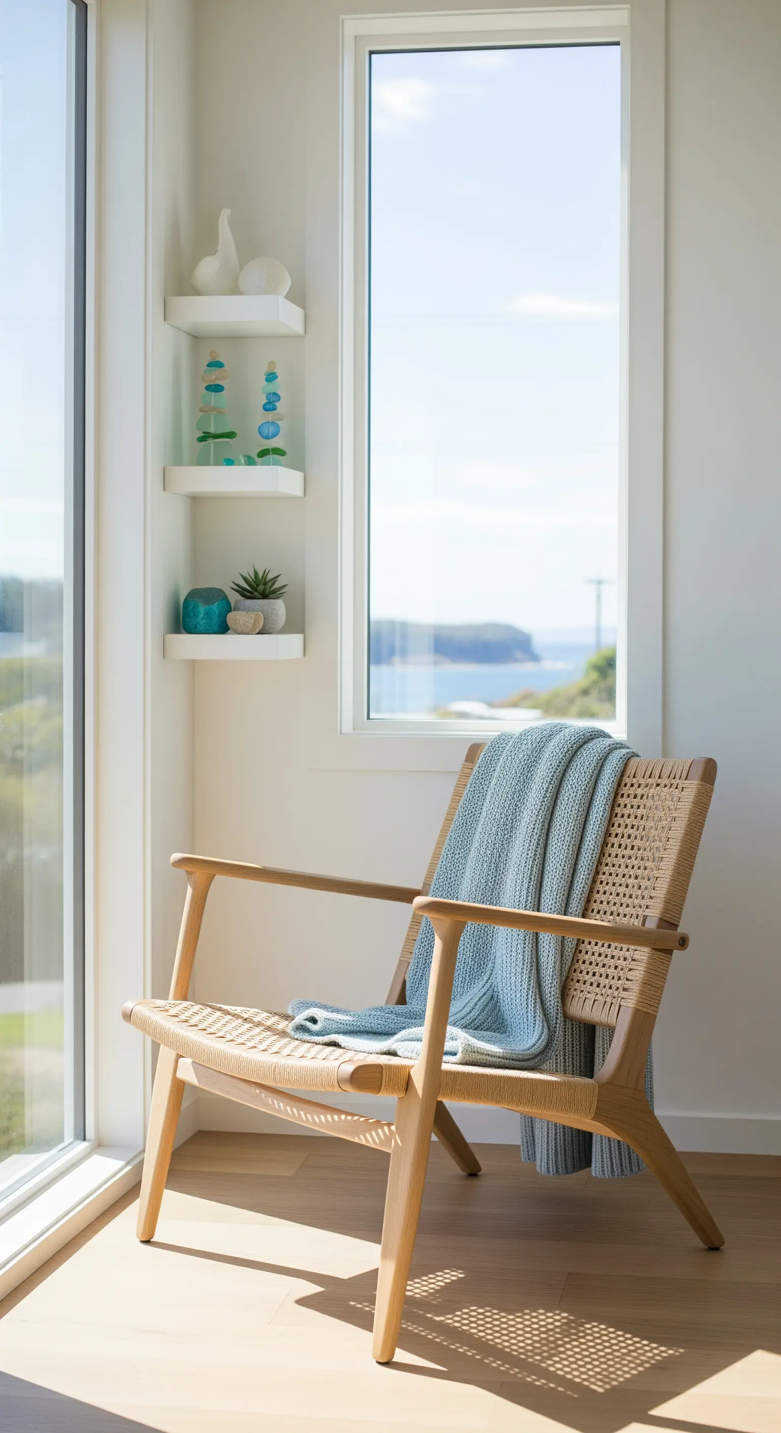 Ecke mit Schweberegalen und Wishbone-Chair am Fenster