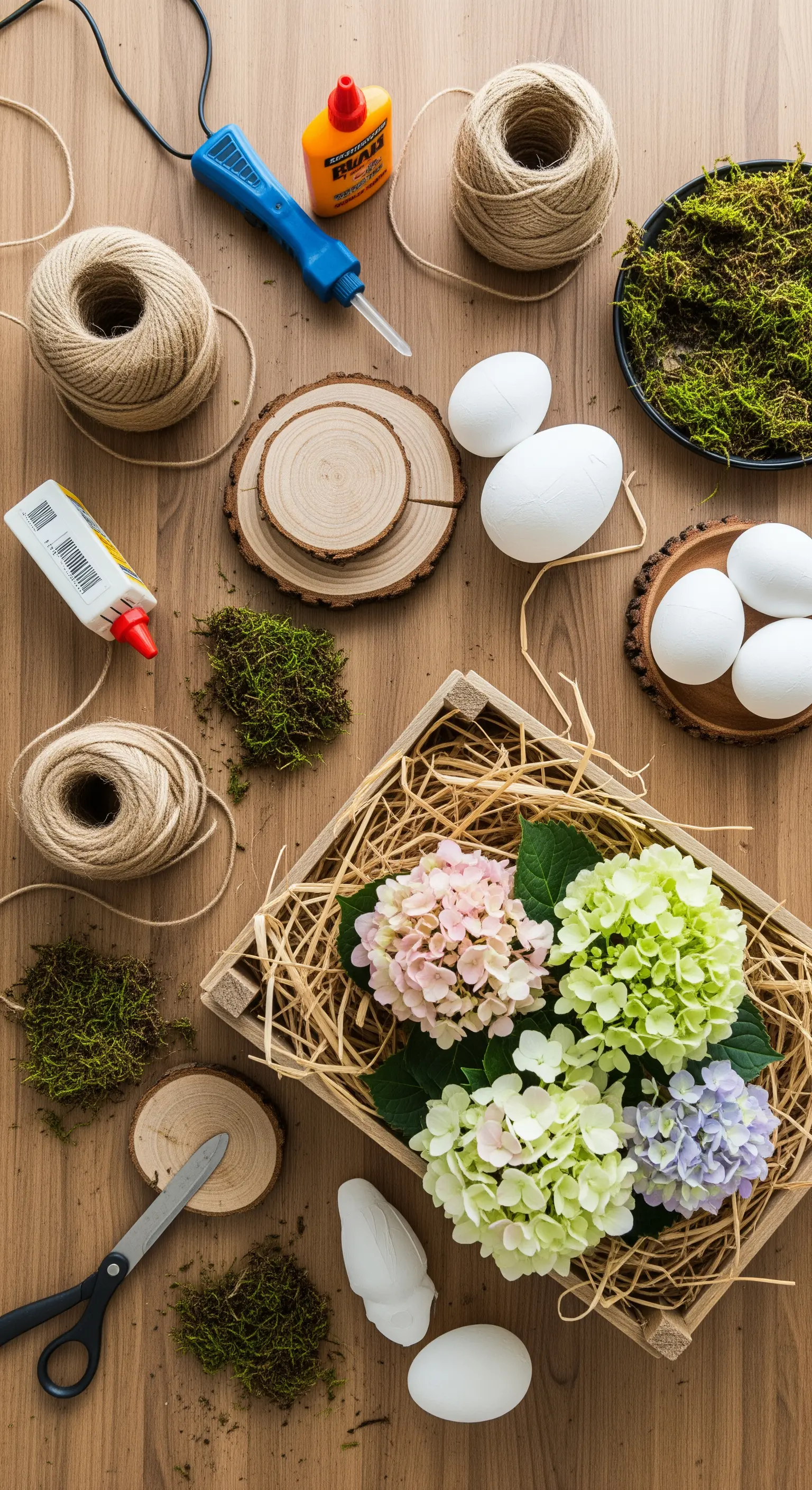 Flachgelegtes Bastelmaterial: Schnur, Holscheiben, Moos und Blüten