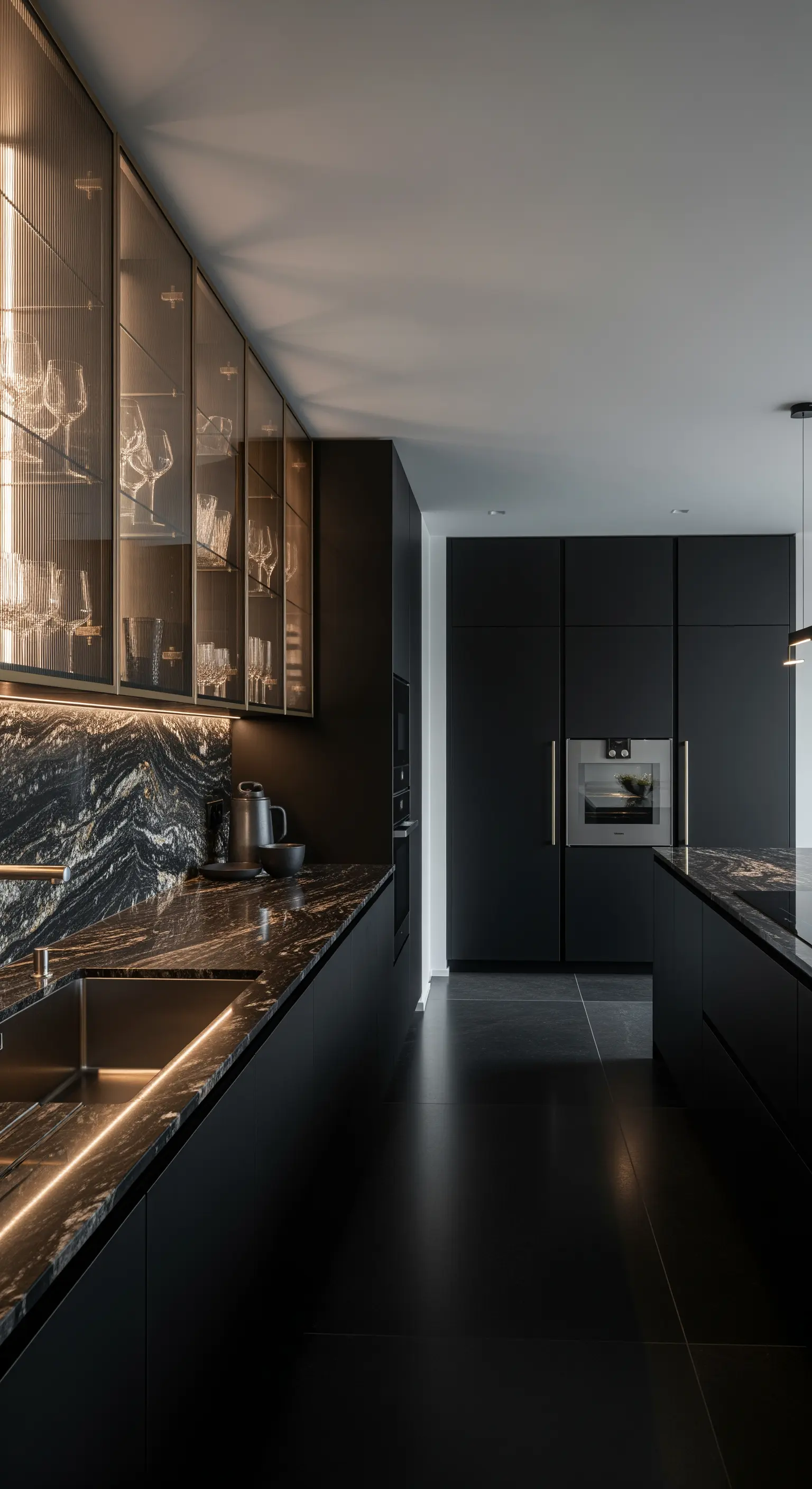 Dunkle Küche mit beleuchteten Glasoberschränken