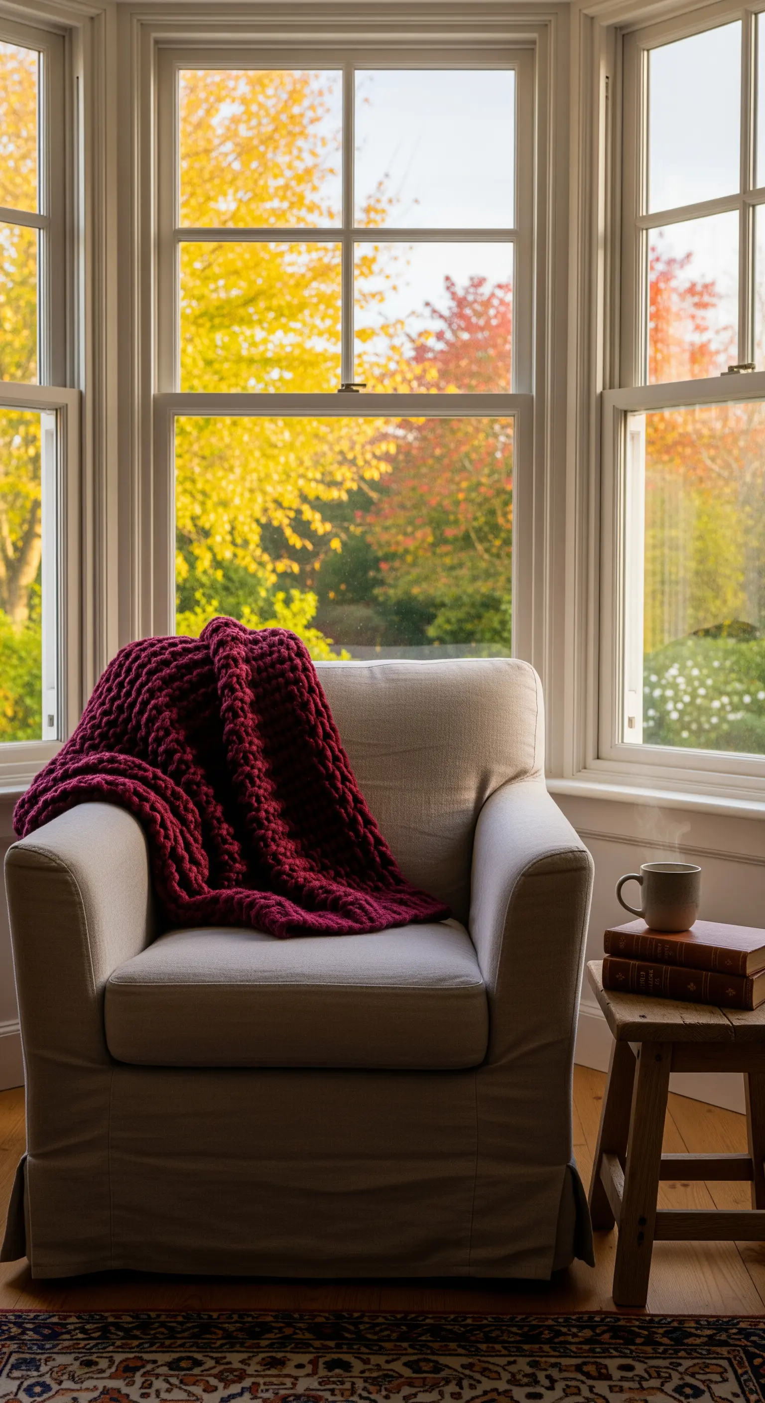 Sessel am Erkerfenster mit grober Strickdecke und Teetasse