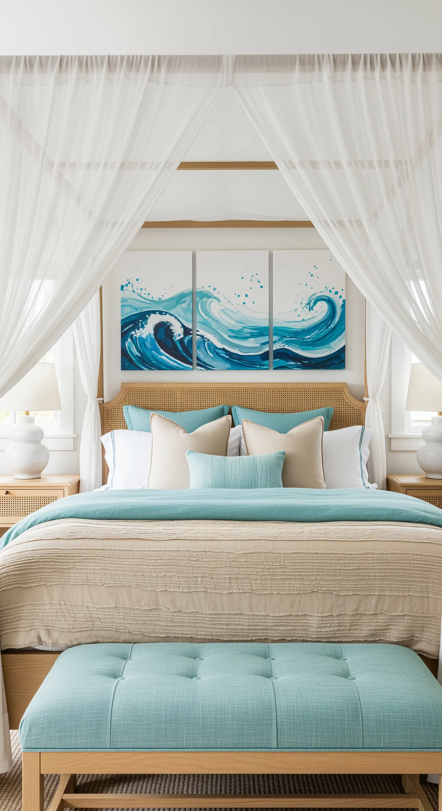 Helles Schlafzimmer mit Wellenbildern und Himmelbett