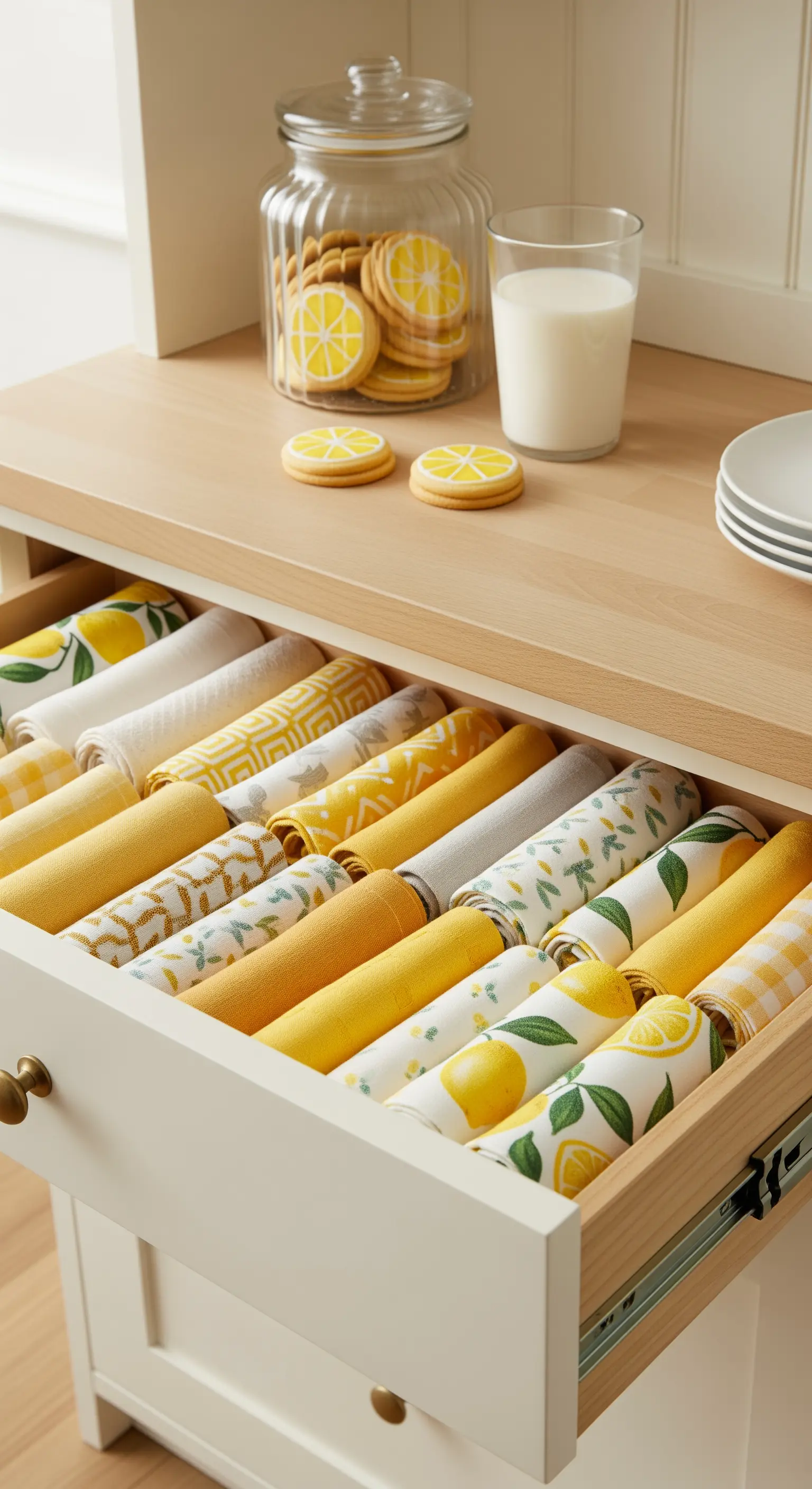 Geöffnete Schublade mit gerollten gelben Geschirrtüchern