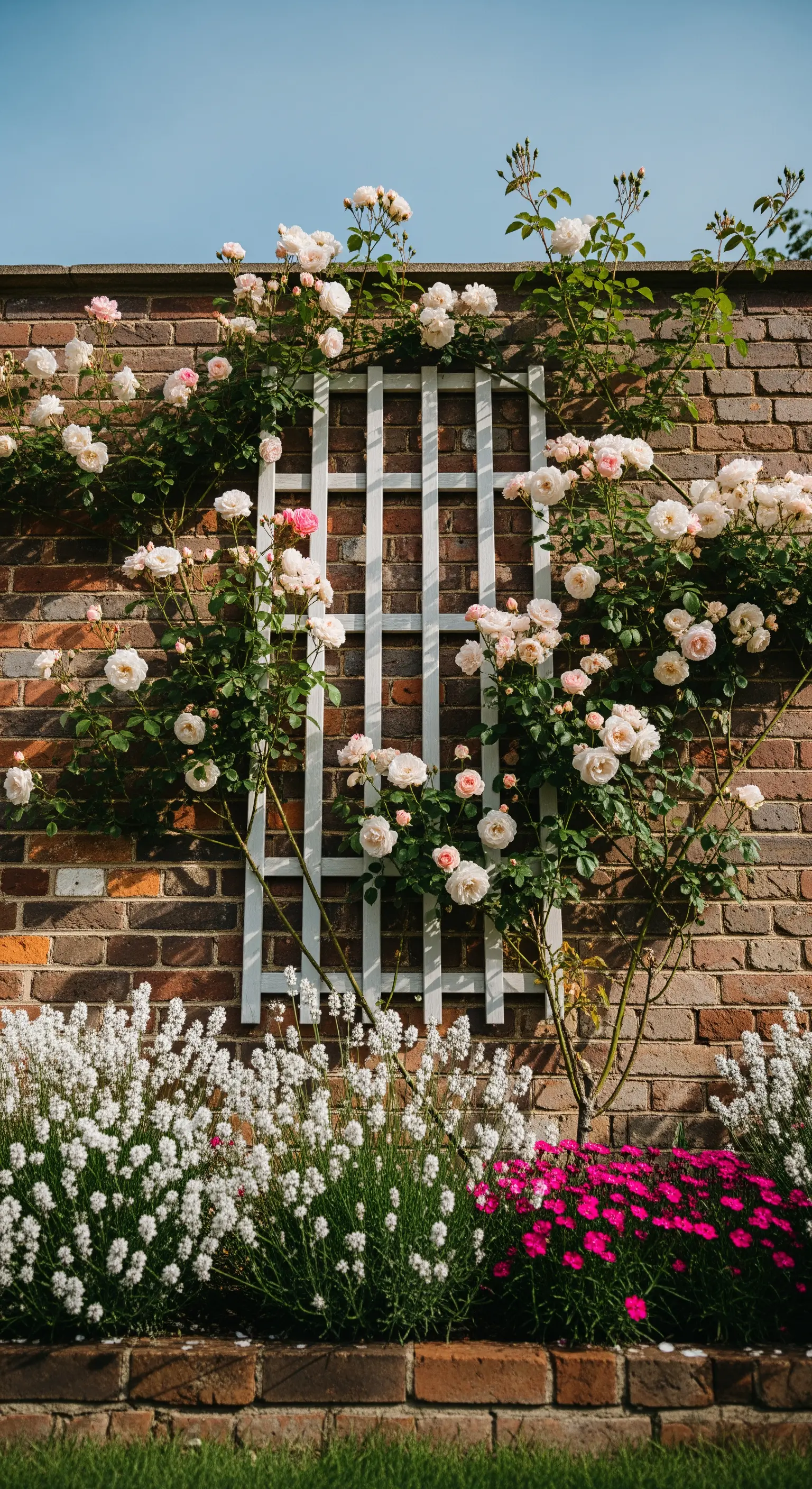 Weißes Spalier mit Rosen an Backsteinwand
