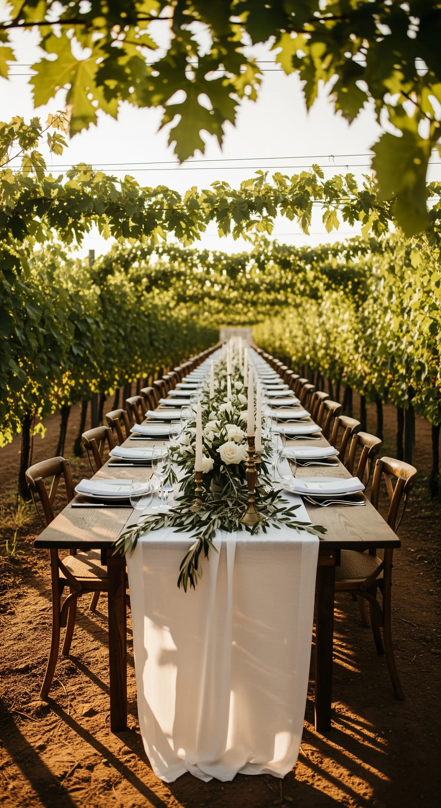 Lange Holztafel im Weinberg mit weißem Leinenläufer und Olivenzweigen