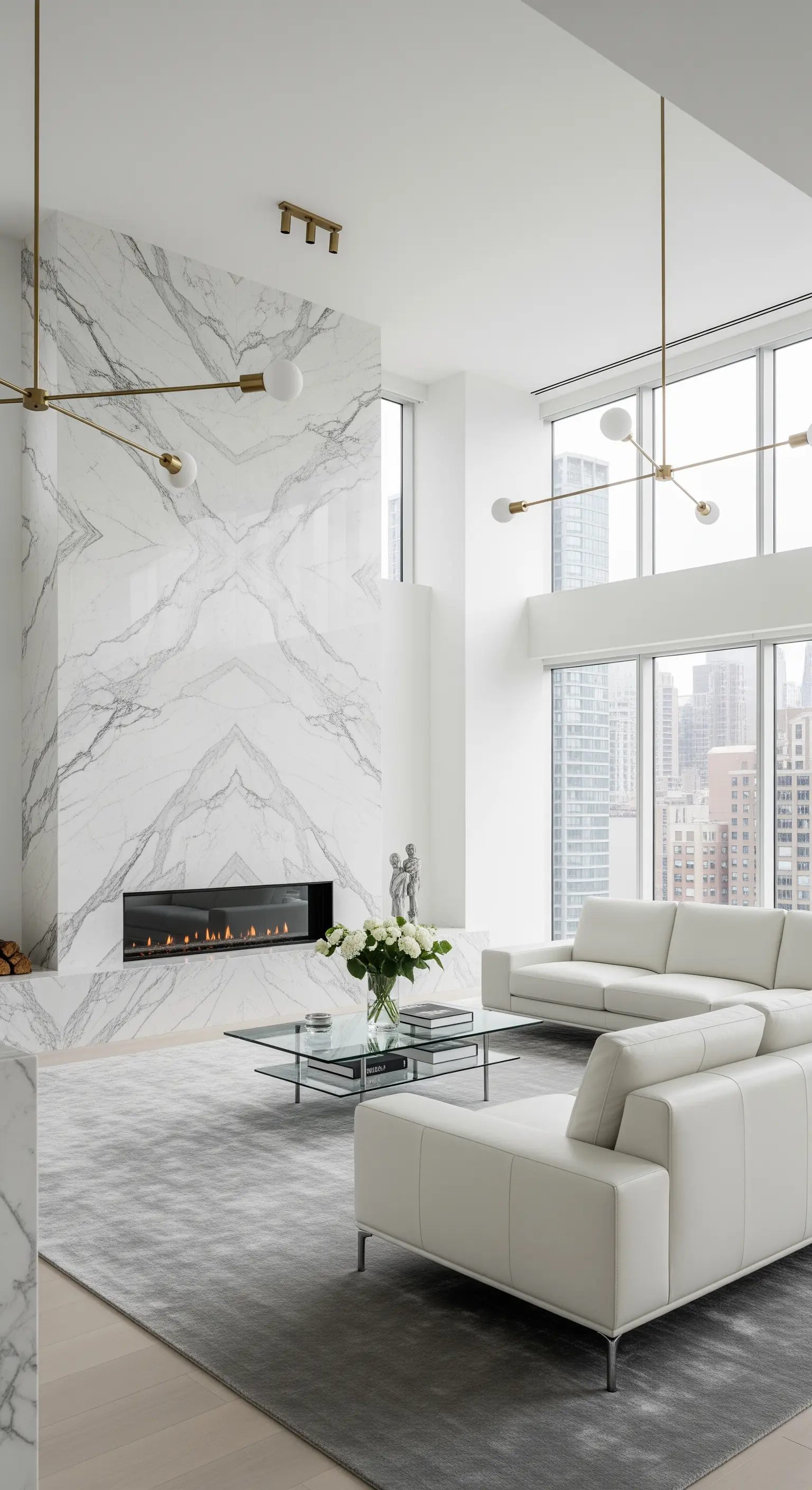 Hoher Marmorkamin in weißem Luxus-Wohnzimmer
