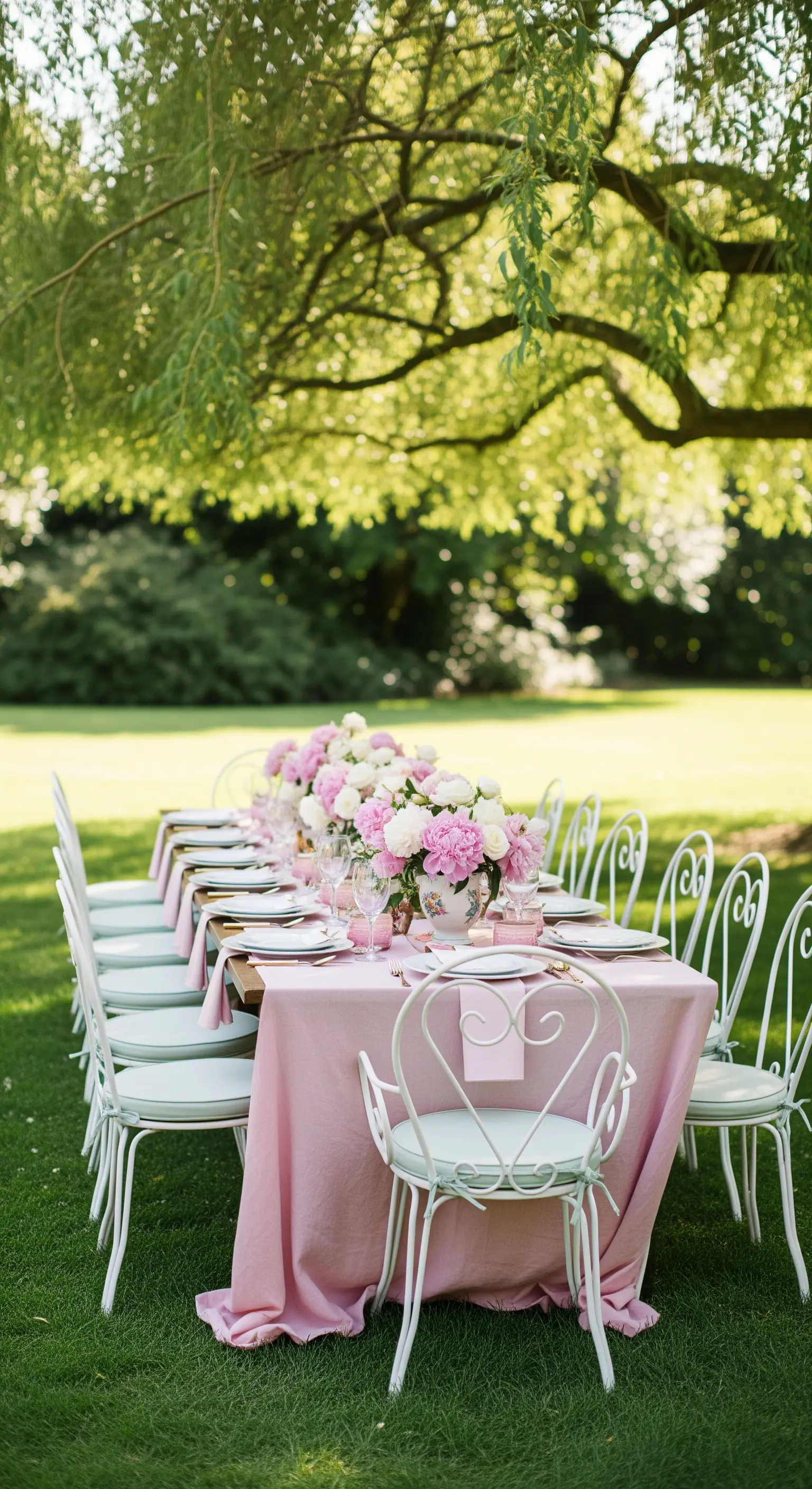 Lange Tafel im Garten mit rosa Leinentischdecke und weißen Stühlen
