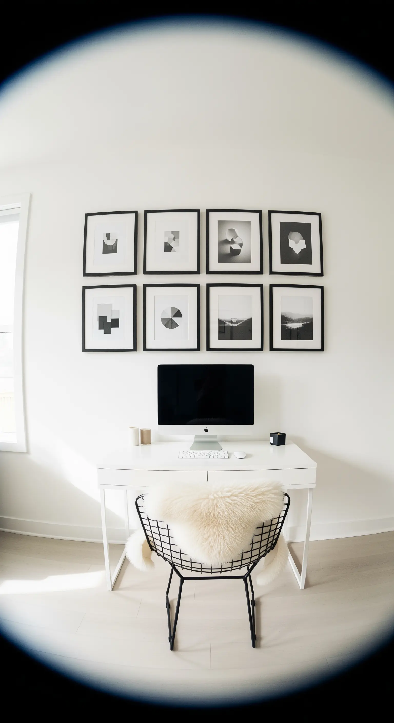 Weißer Arbeitsplatz mit symmetrischer Bildergalerie und Wire Chair