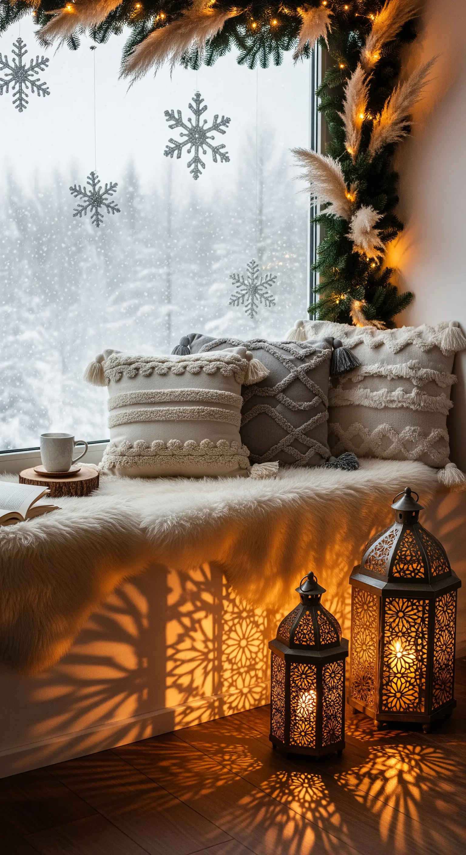 Fensterbank mit Fellen, Strukturkissen und orientalischen Laternen