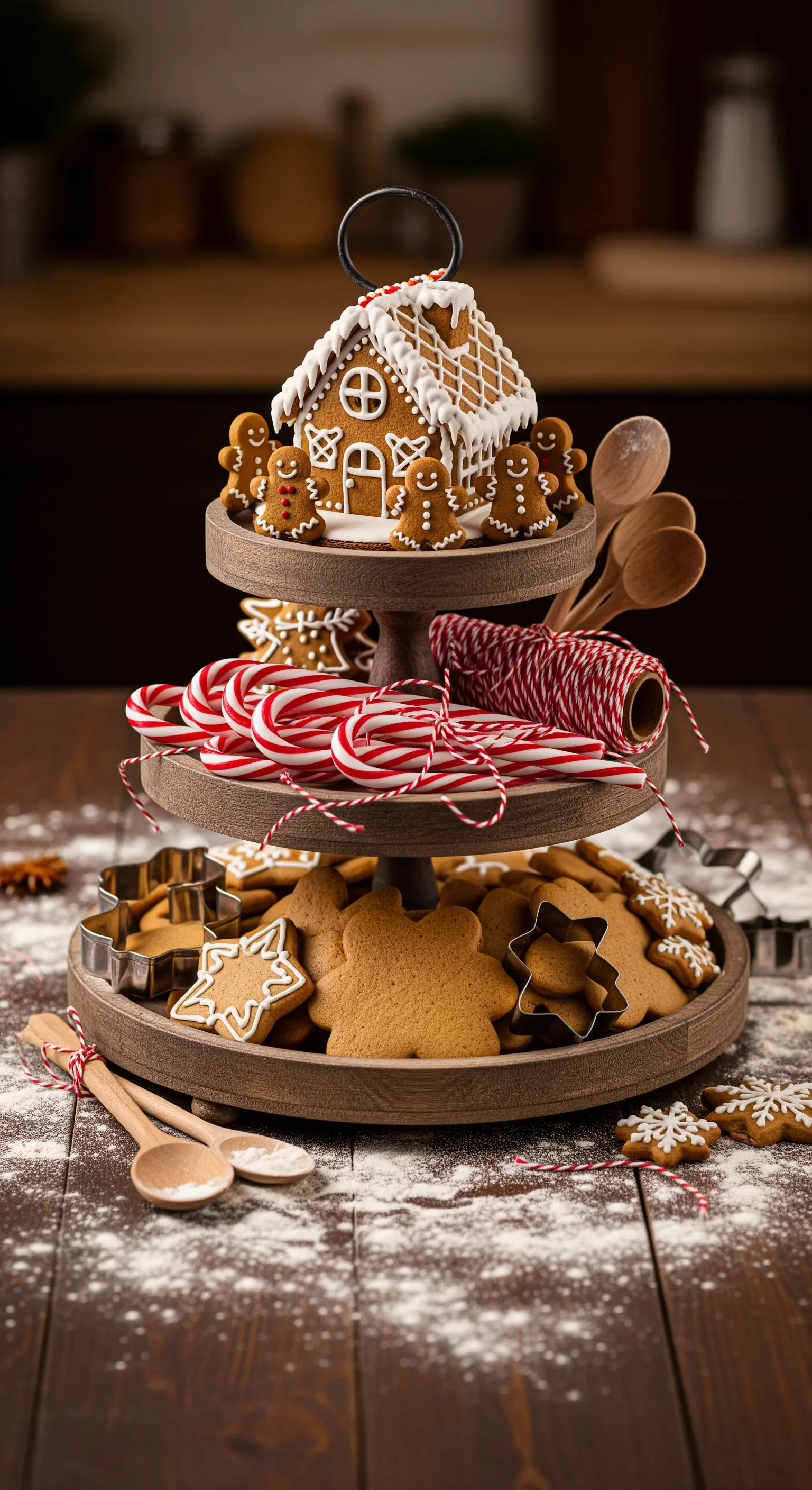 Holzetagere mit Lebkuchenhaus, Plätzchen und Ausstechformen