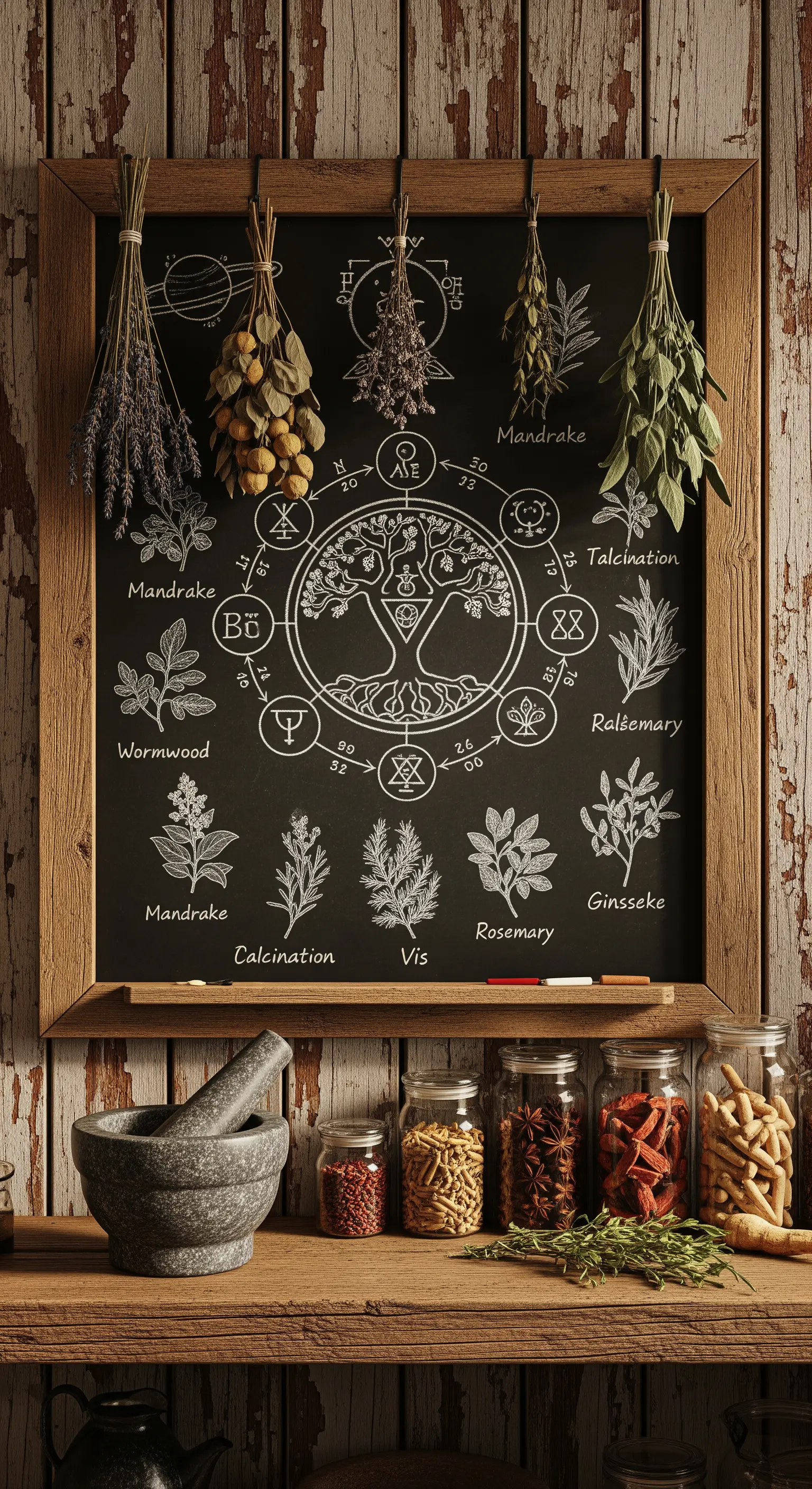 Kreidetafel mit Kräutern und Symbolen