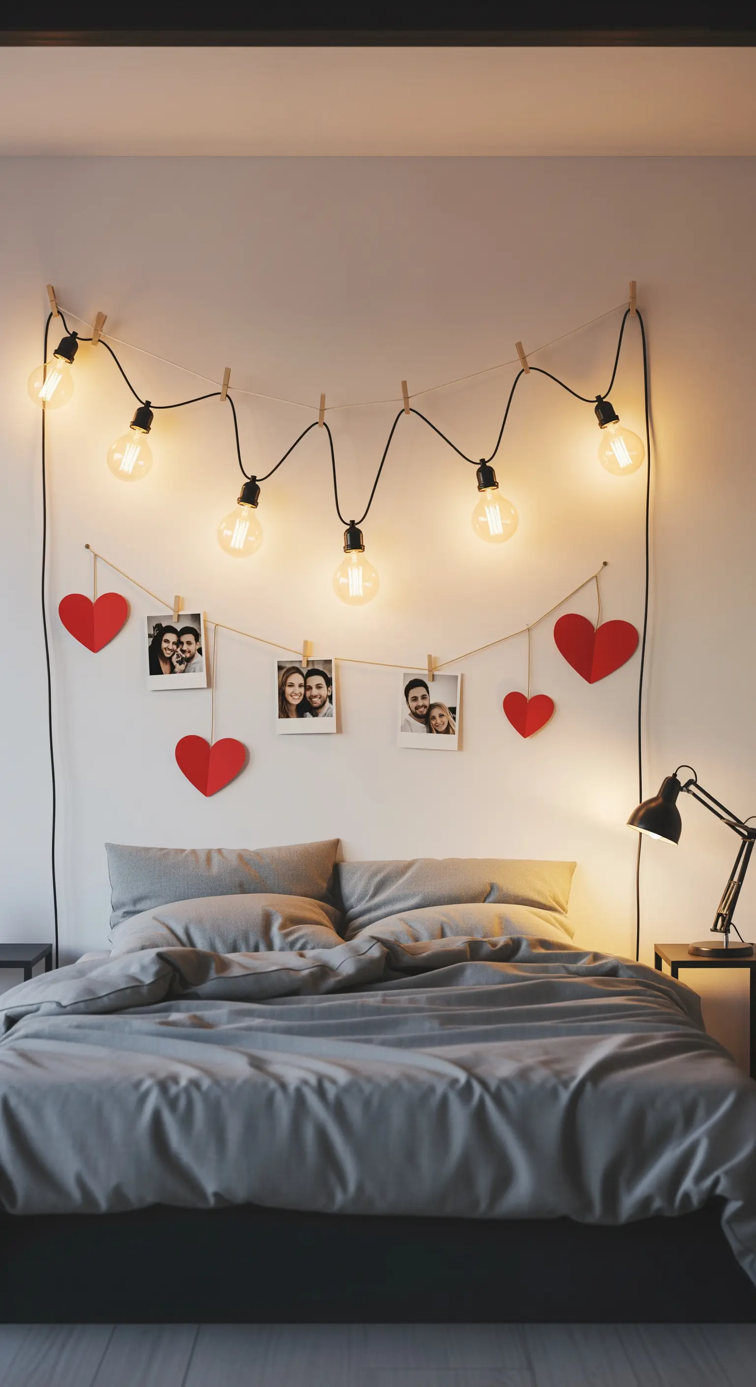 Lichterkette an Wand mit aufgehängten Fotos und Herzen