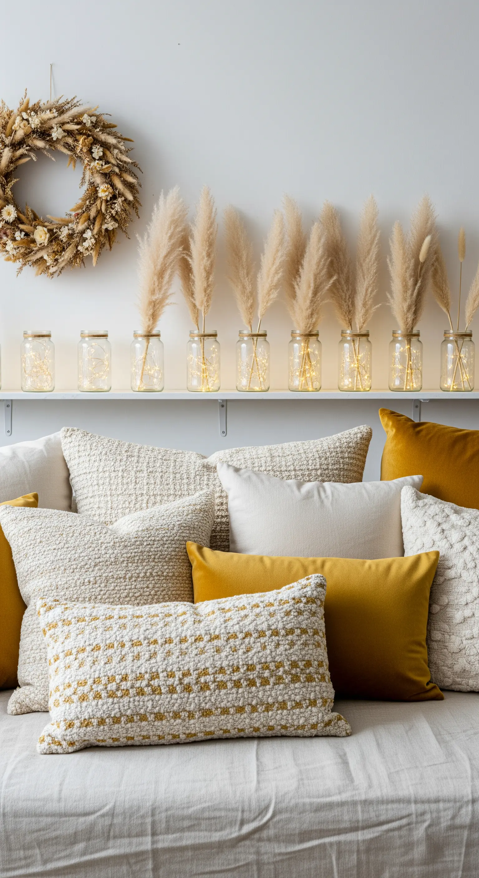 Reihe von Einmachgläsern mit Lichterketten und einzelnen Gräsern