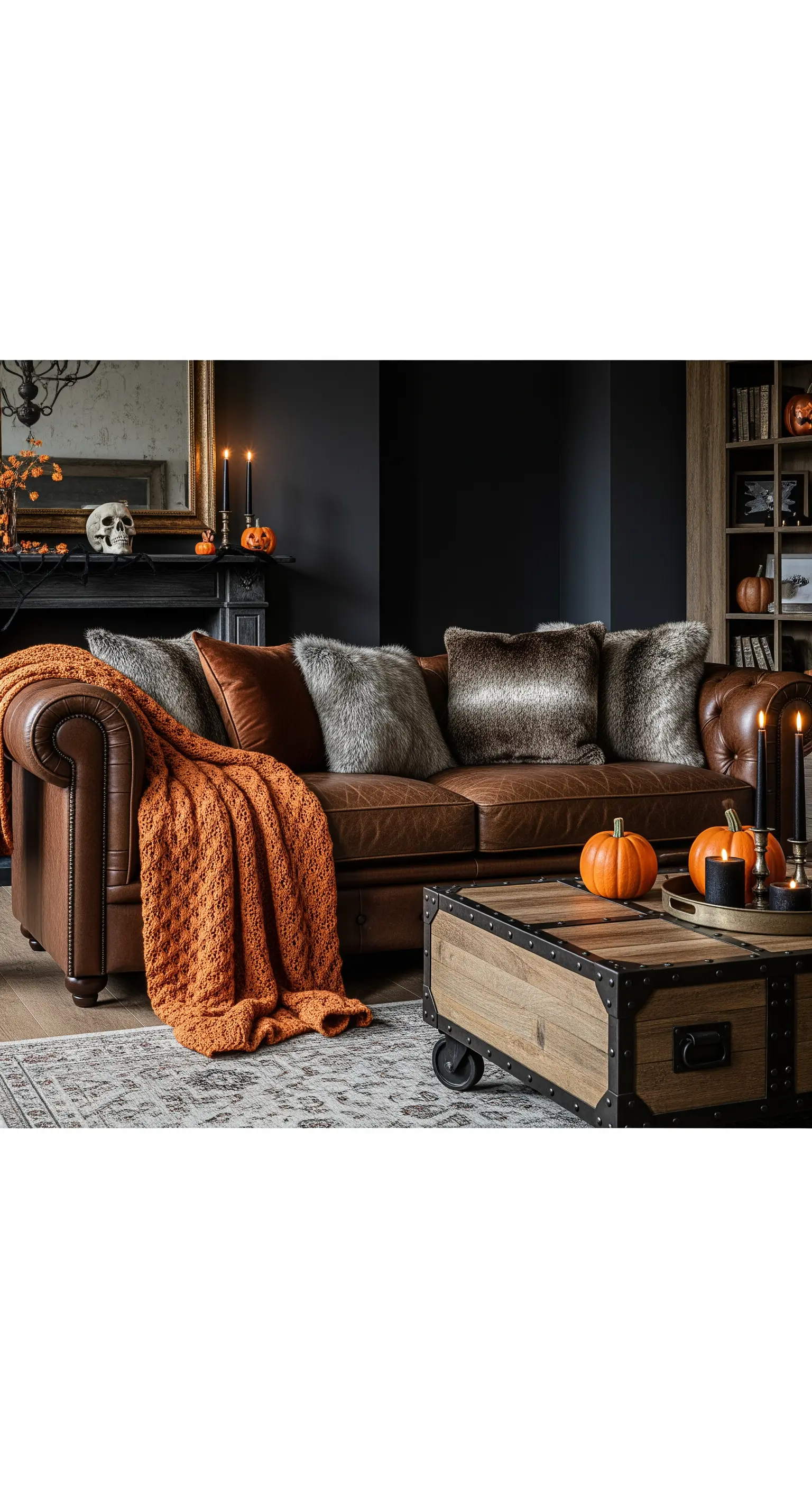 Ledersofa mit Fellkissen und Strickdecke