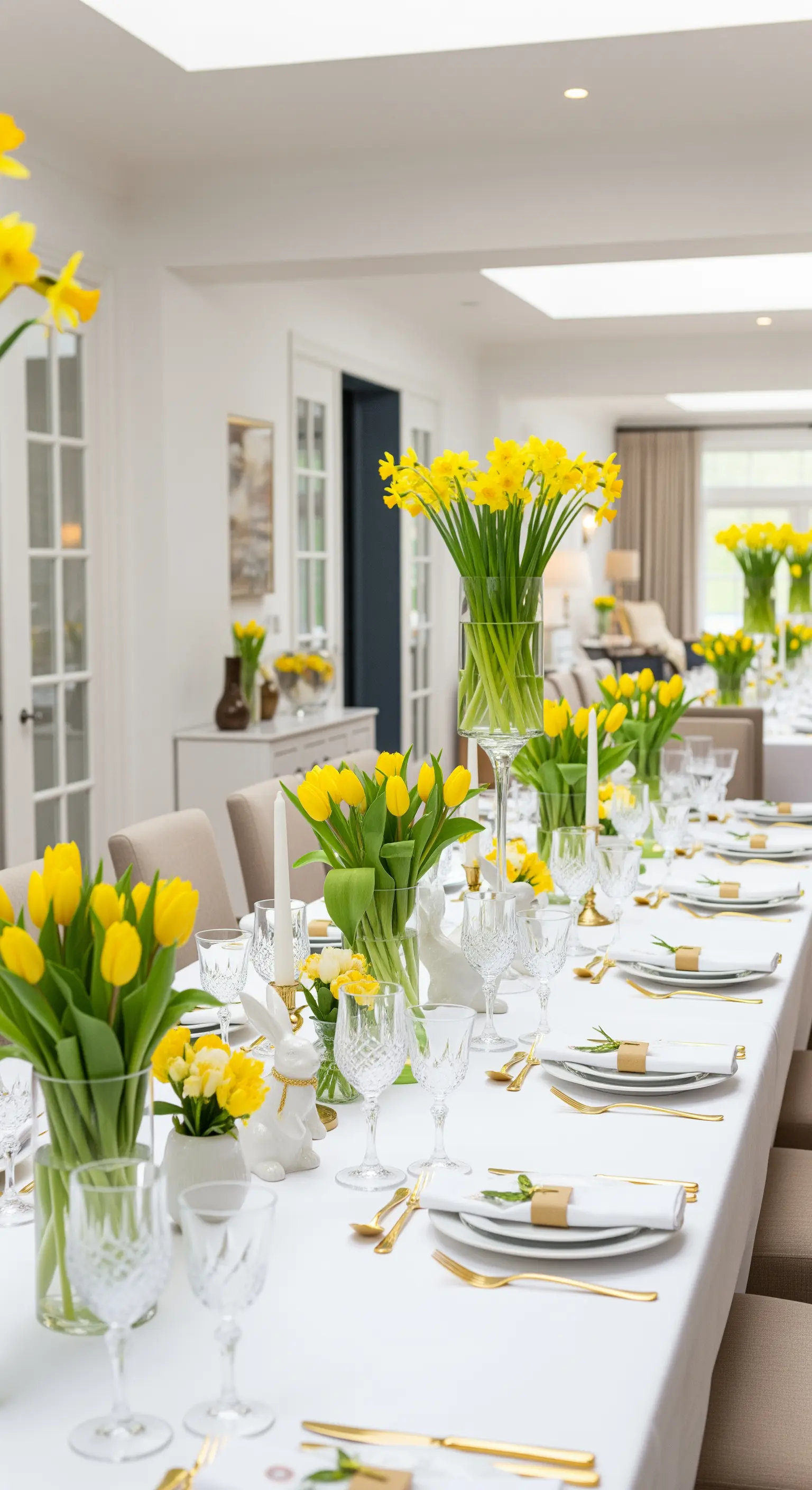 Lange weiße Tafel mit hohen Glasvasen voller gelber Narzissen in strenger Symmetrie