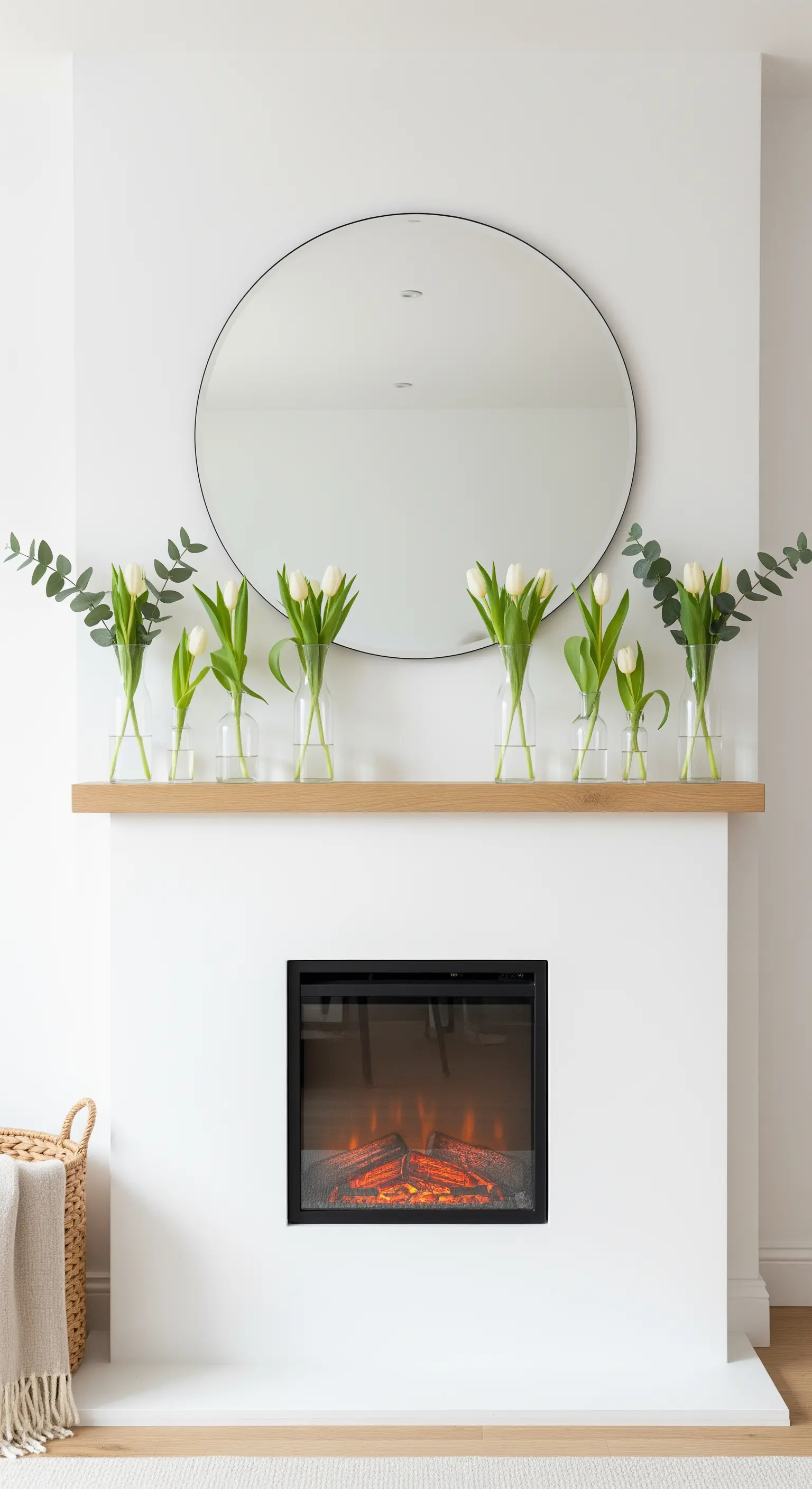 Weiße Tulpen in Glasflaschen auf Holzbalken-Kaminsims