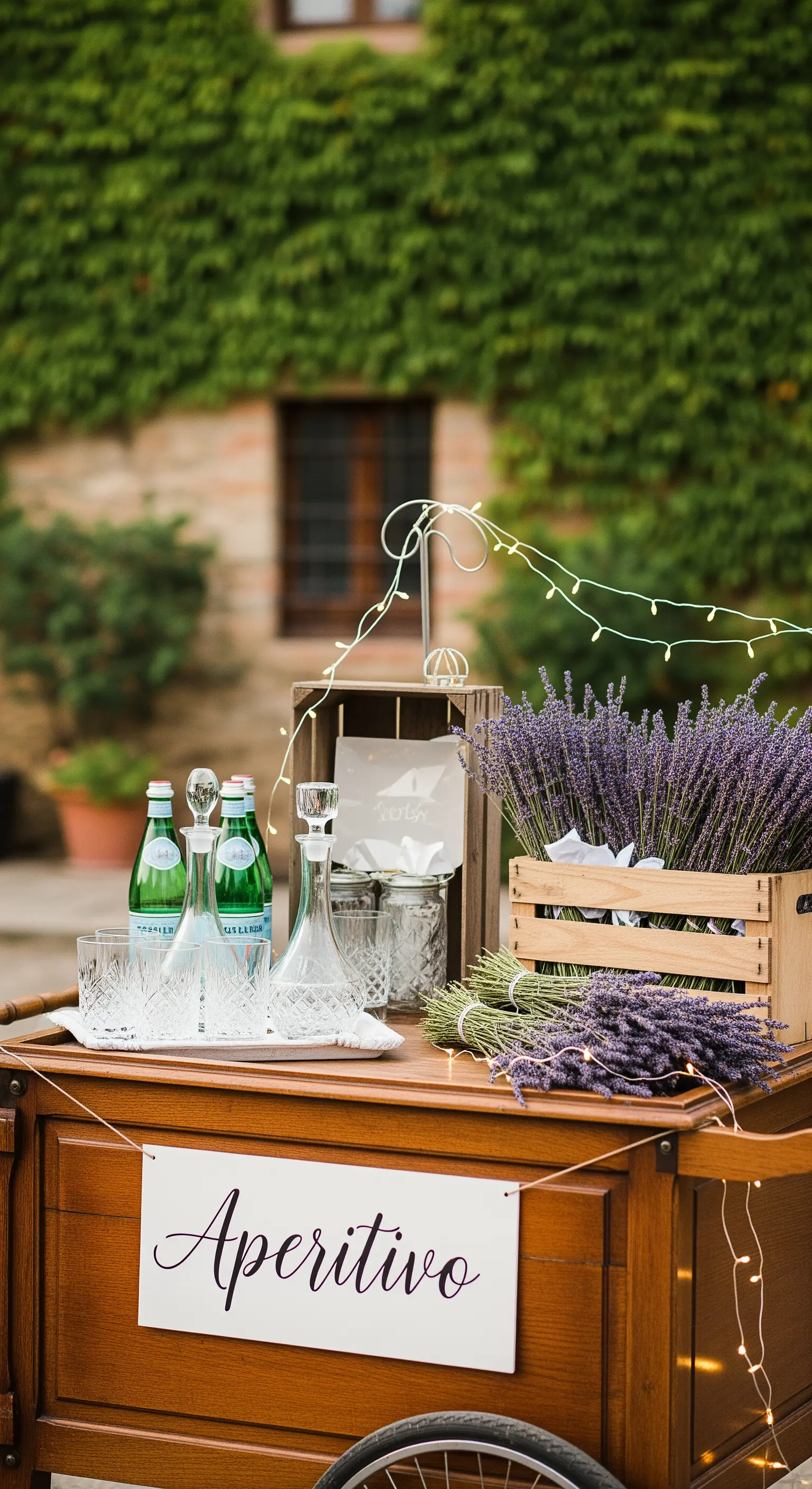Holzwagen als Barstation mit Lavendelkisten, Gläsern und Aperitivo-Schild