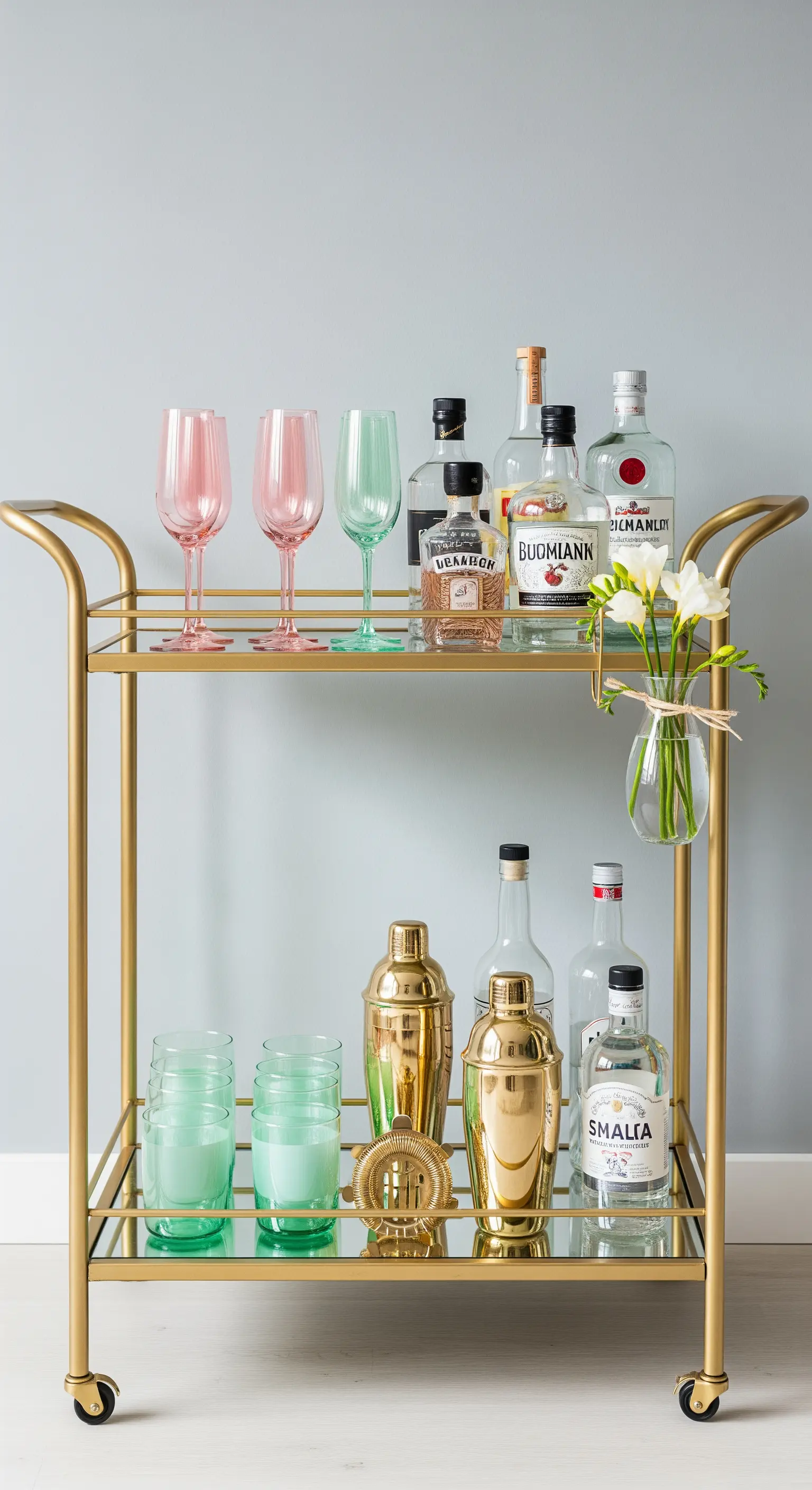 Goldener Barwagen mit pastellfarbenen Gläsern