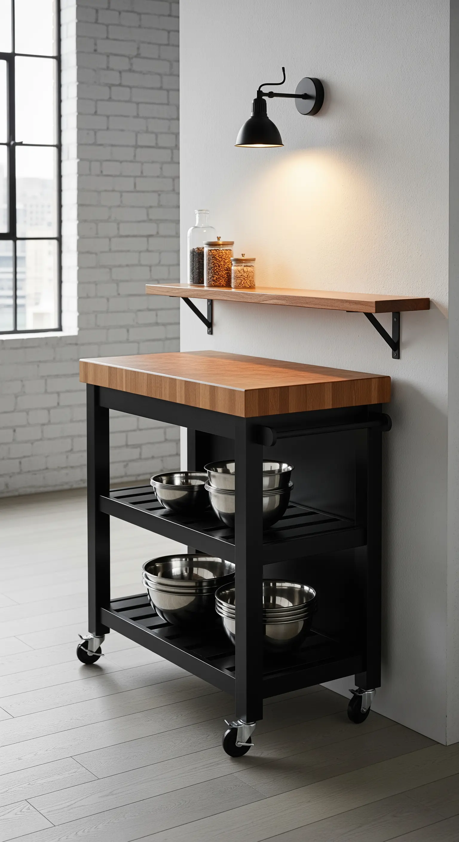 Schwarzer Küchenrollwagen mit Holzplatte und Schalen