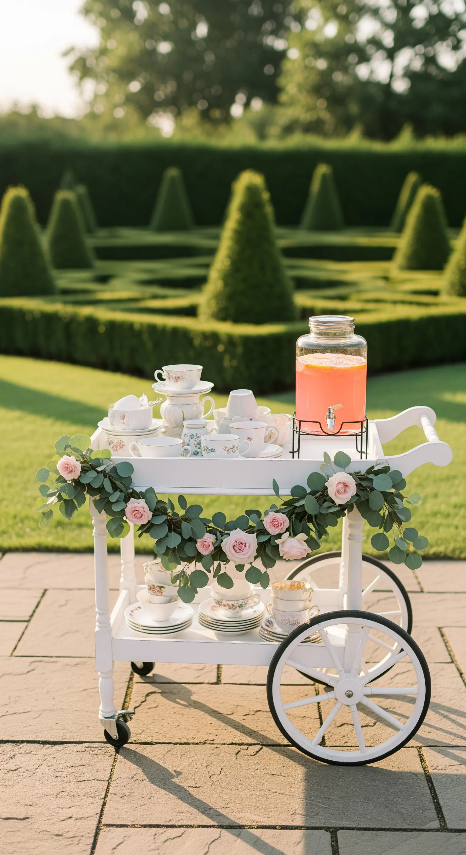 Weißer Servierwagen mit Getränkespender und Eukalyptus-Girlande