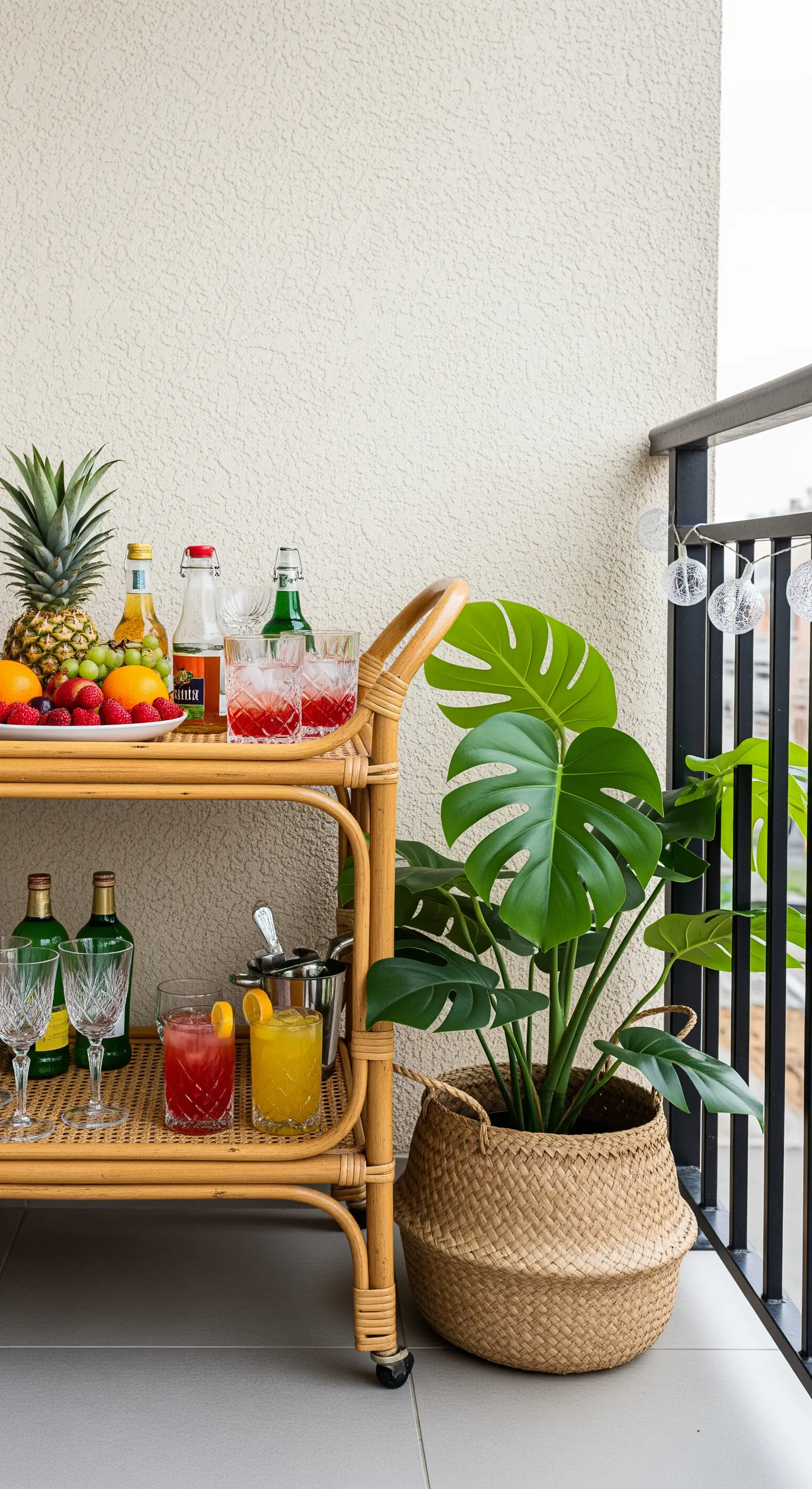 Rattan-Servierwagen mit Getränken und Früchten neben einer Monstera-Pflanze
