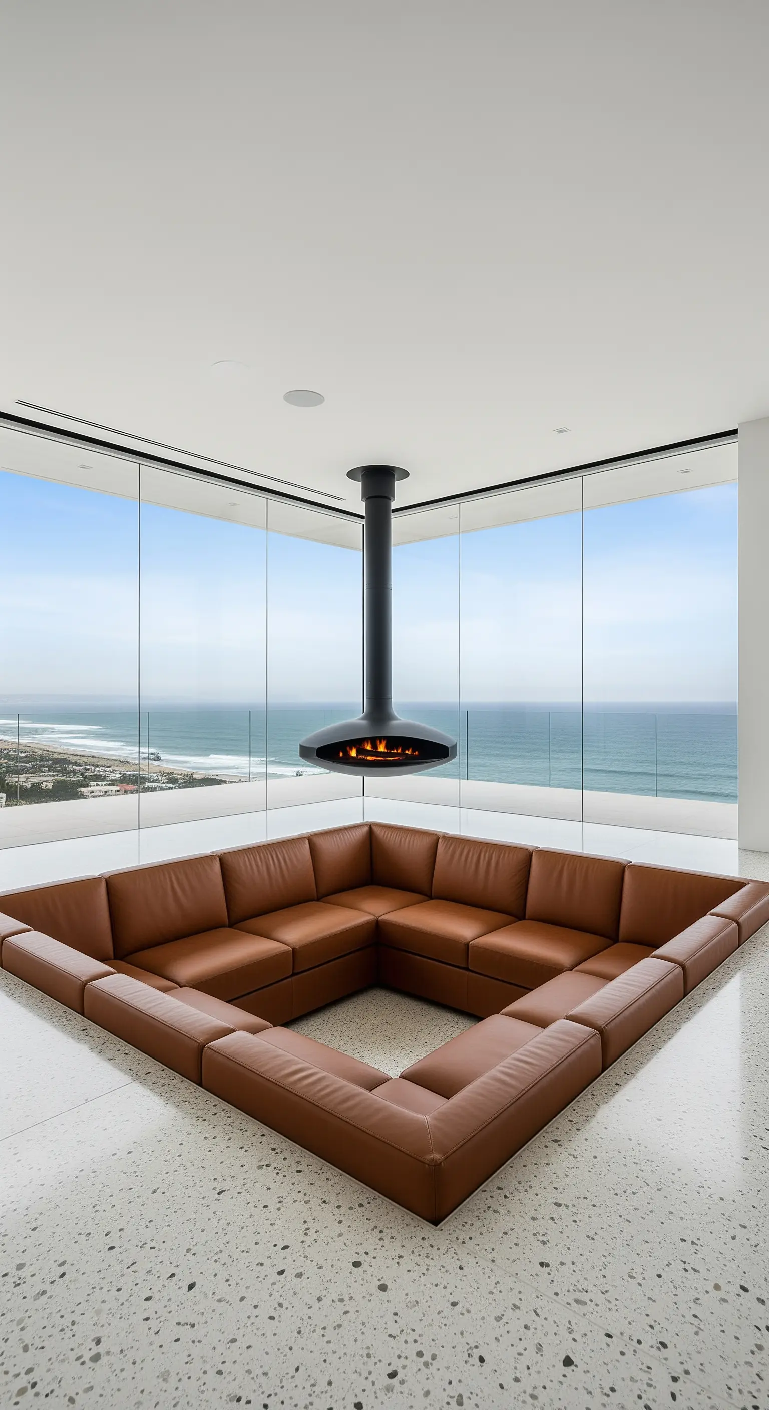 Abgesenktes Ledersofa mit schwebendem Kamin und Meerblick
