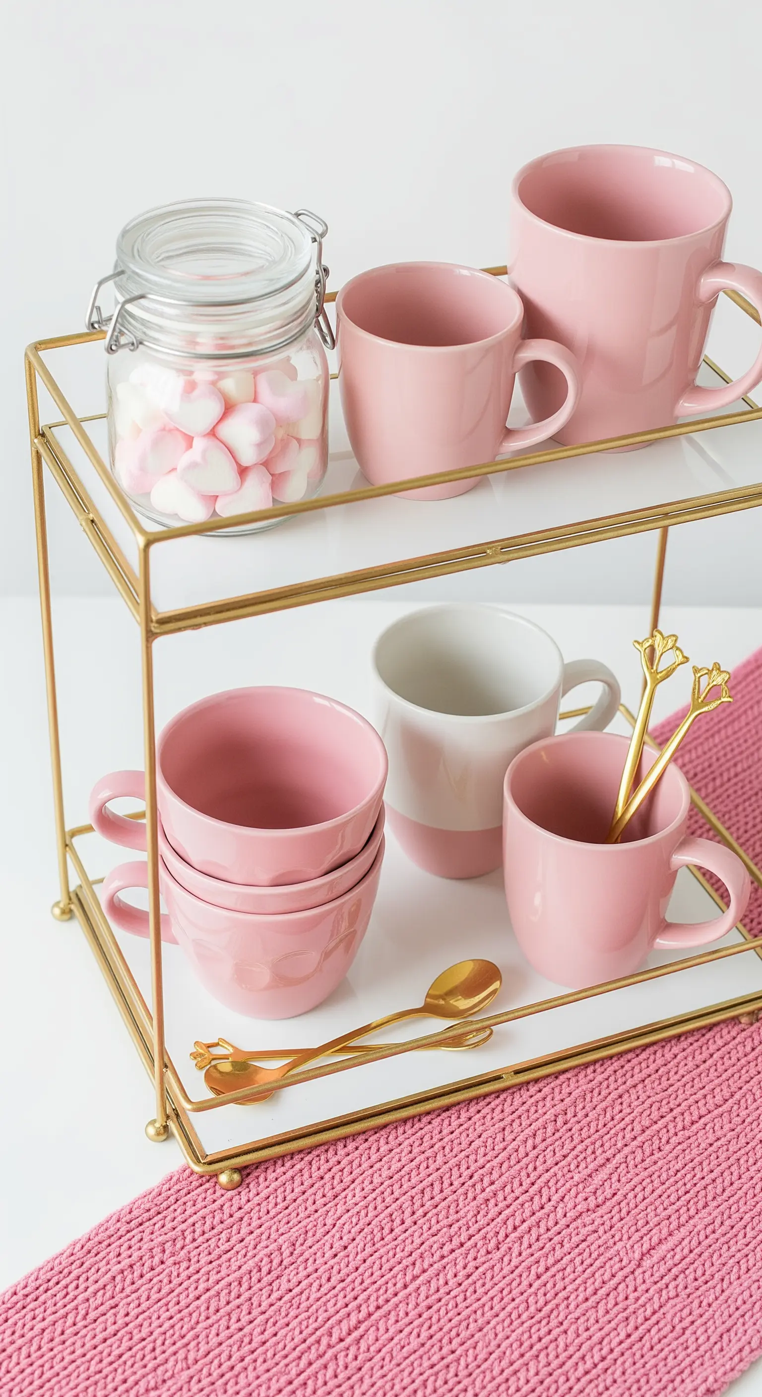 Moderne Draht-Etagere mit rosa Tassen und Marshmallows