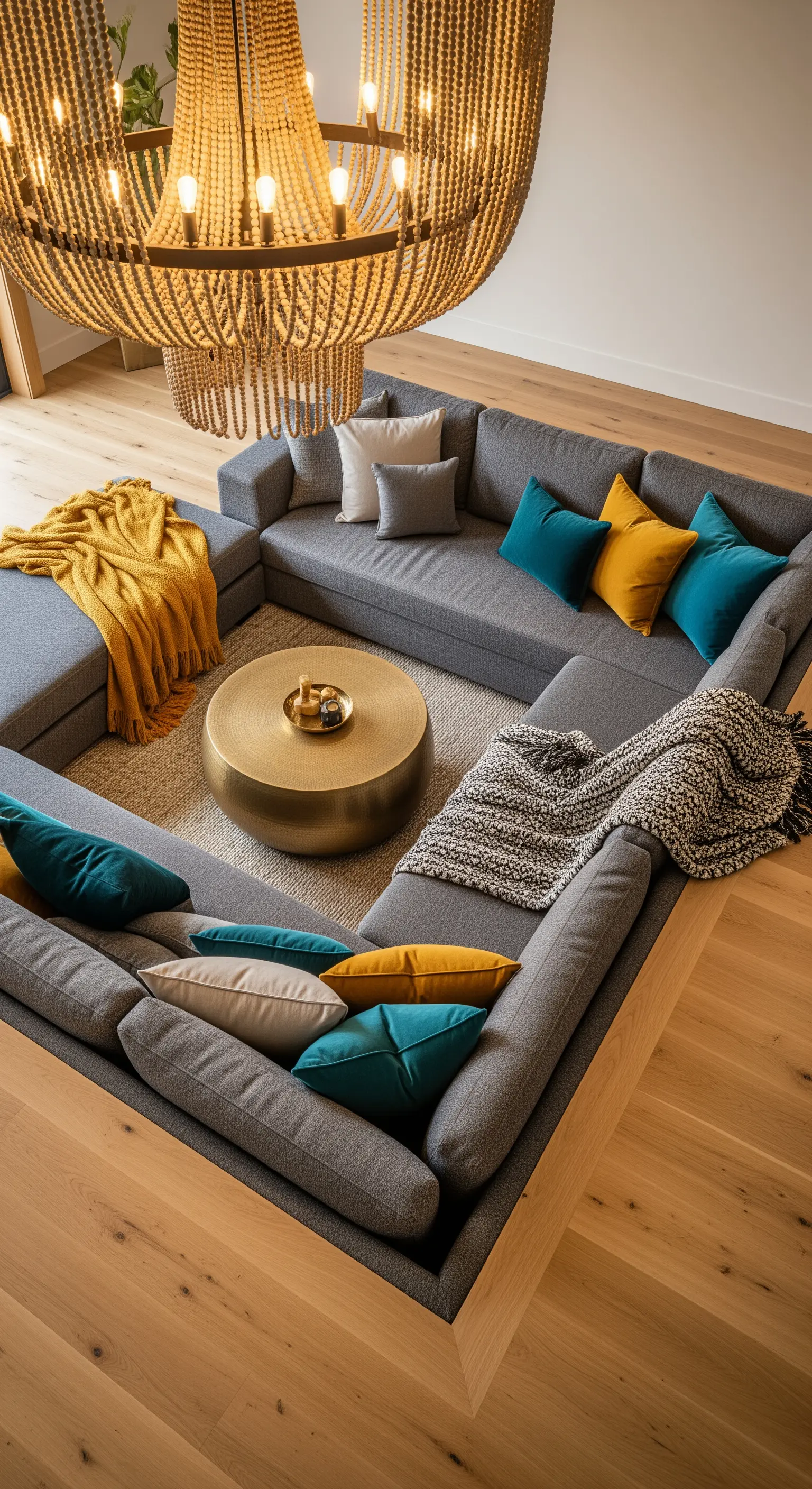 Großes graues U-Sofa mit riesigem Holzperlen-Kronleuchter