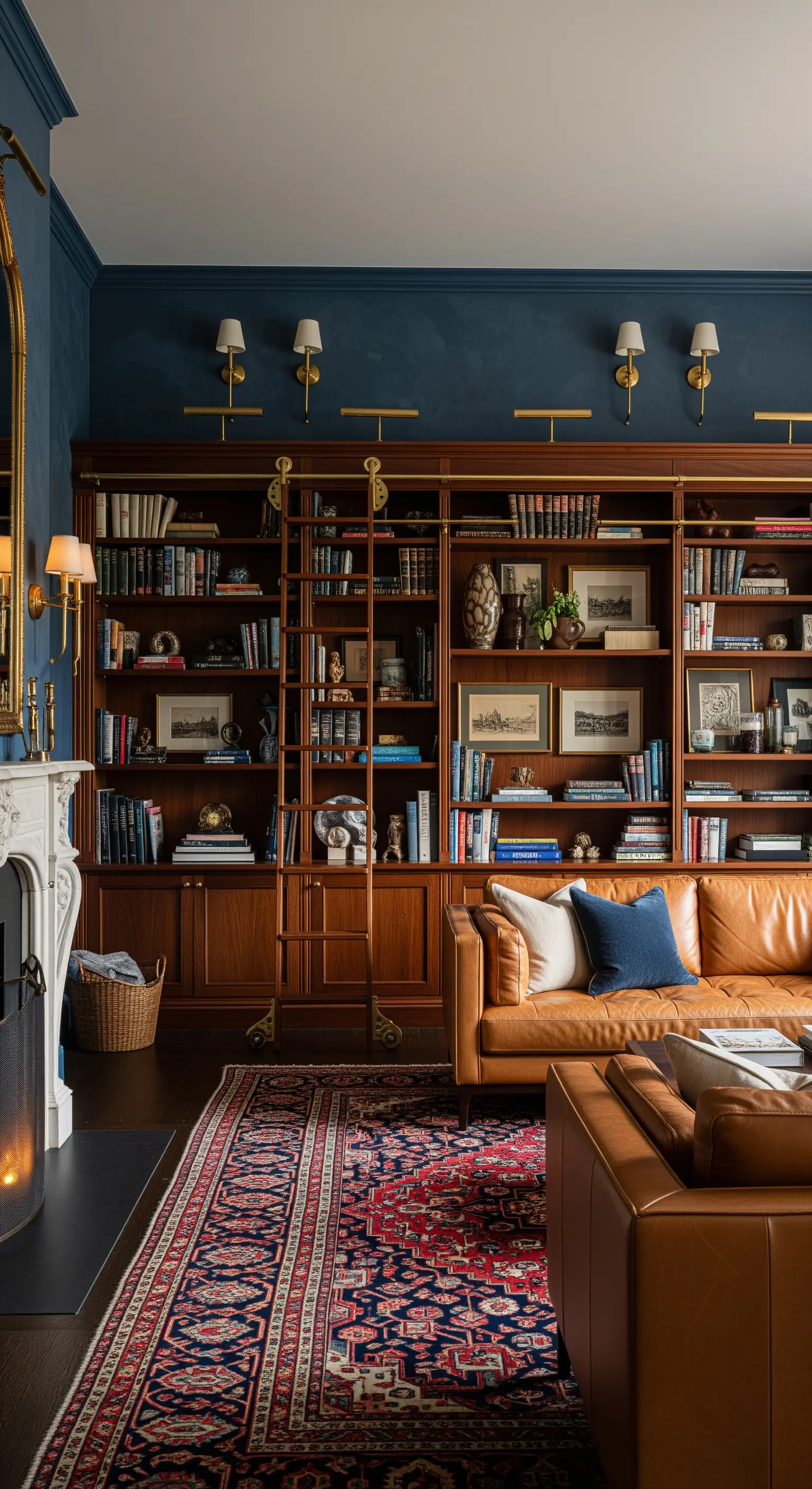Dunkelblaue Bibliothekswand mit Leiter und Ledersofa