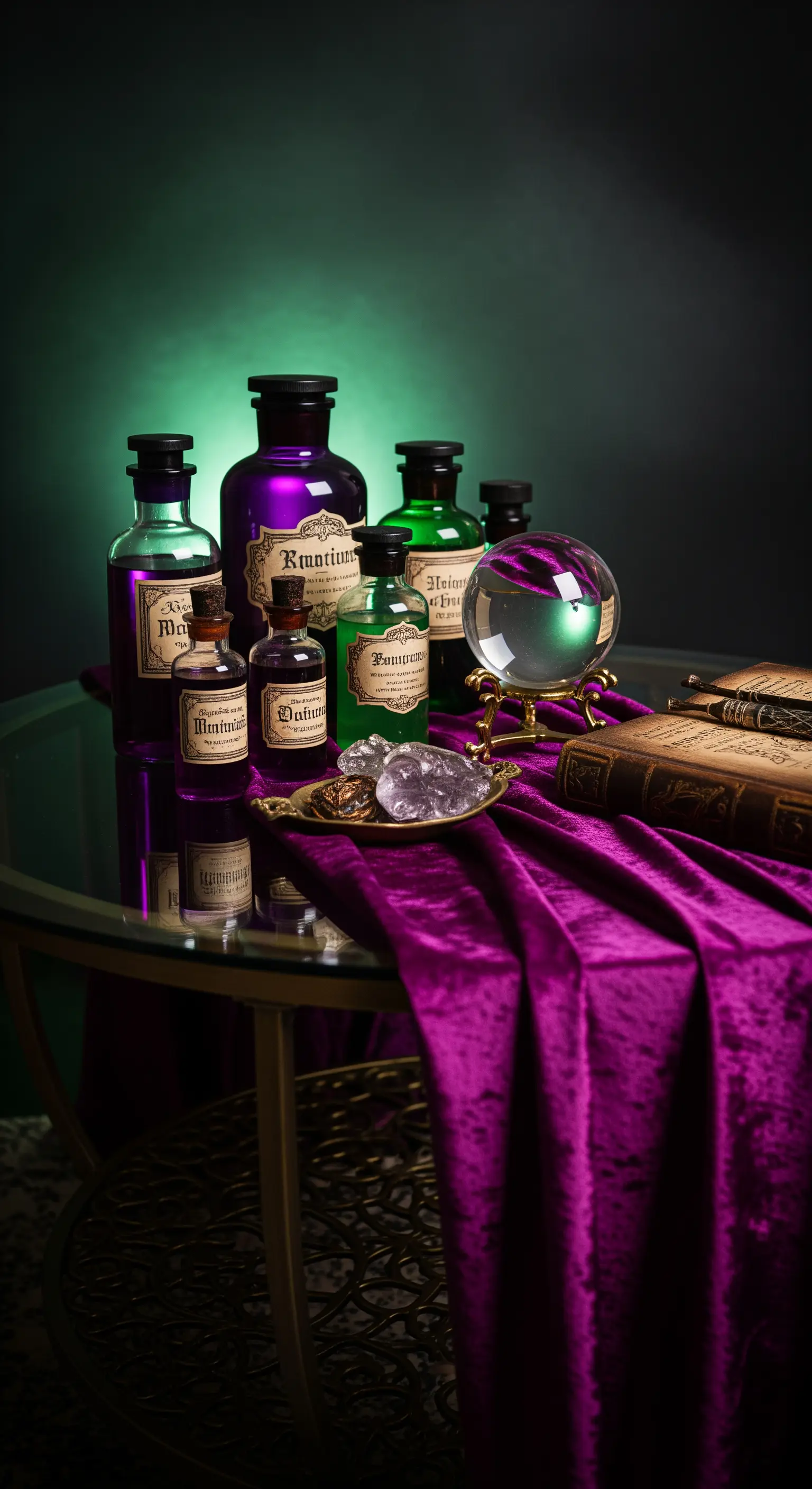 Lila und grüne Zaubertrankflaschen mit Kristallkugel auf Samt