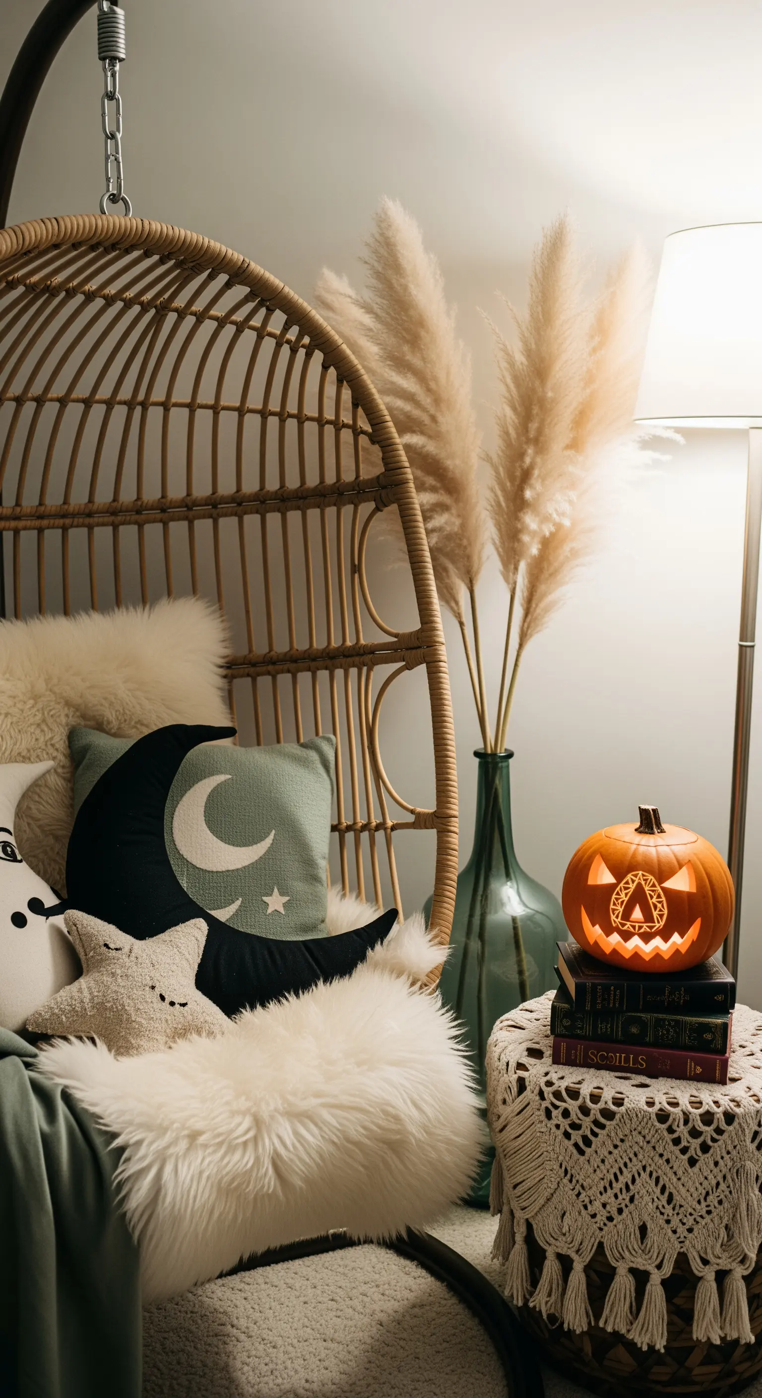 Hängesessel mit Mondkissen und beleuchtetem Kürbis