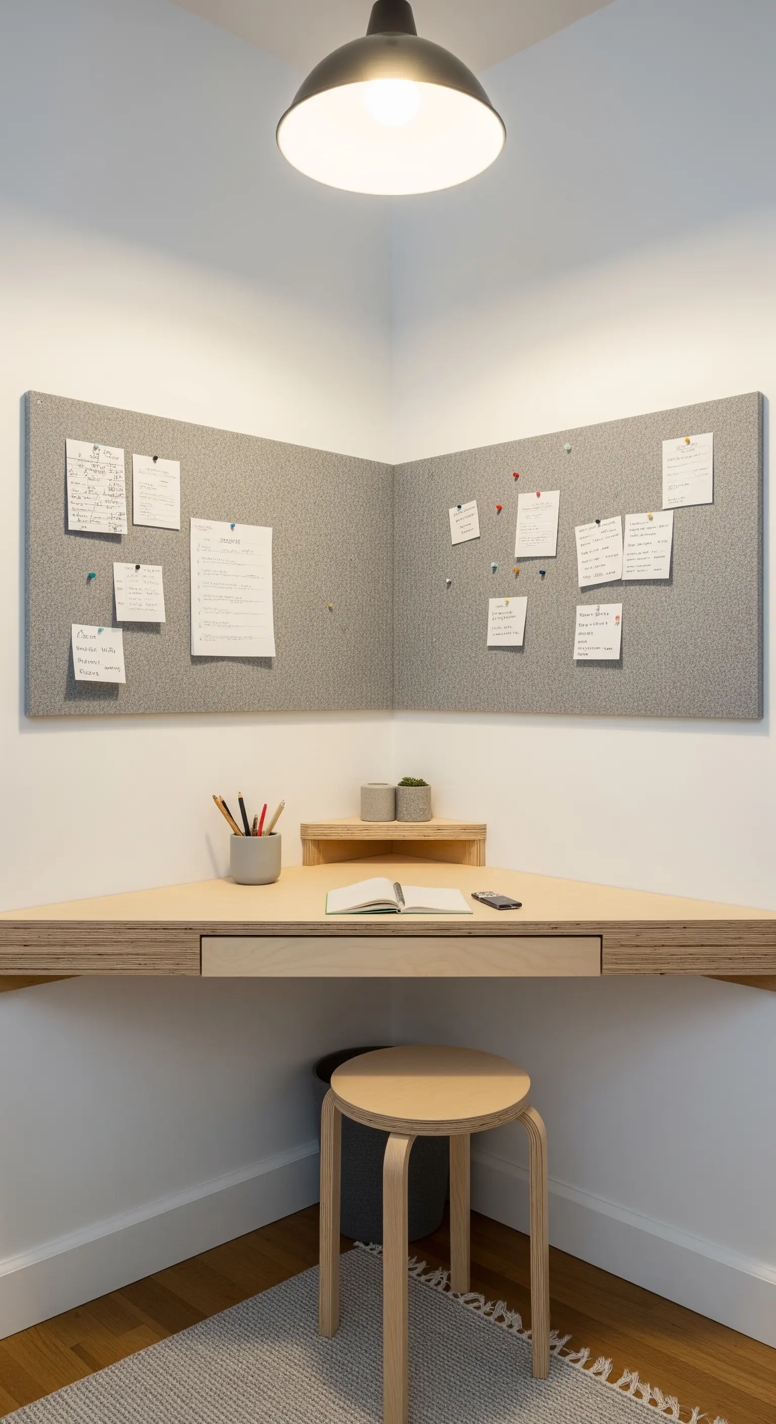 Eckschreibtisch aus Holz mit grauen Akustik-Pinnwänden