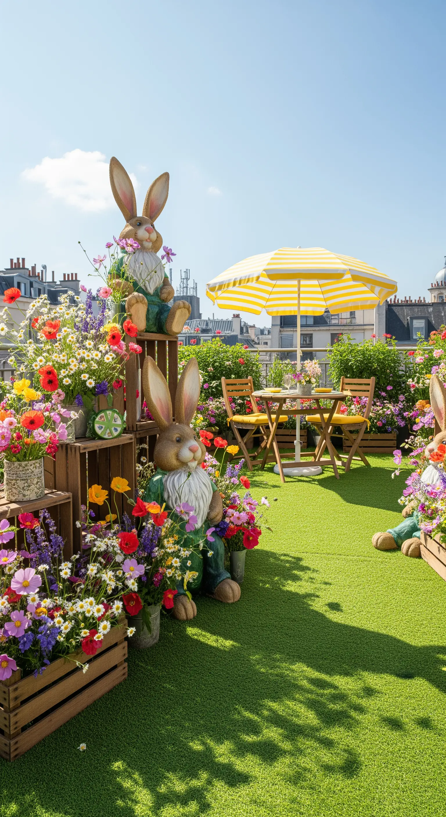 Grüne Dachterrasse mit gelbem Schirm und großen Hasen
