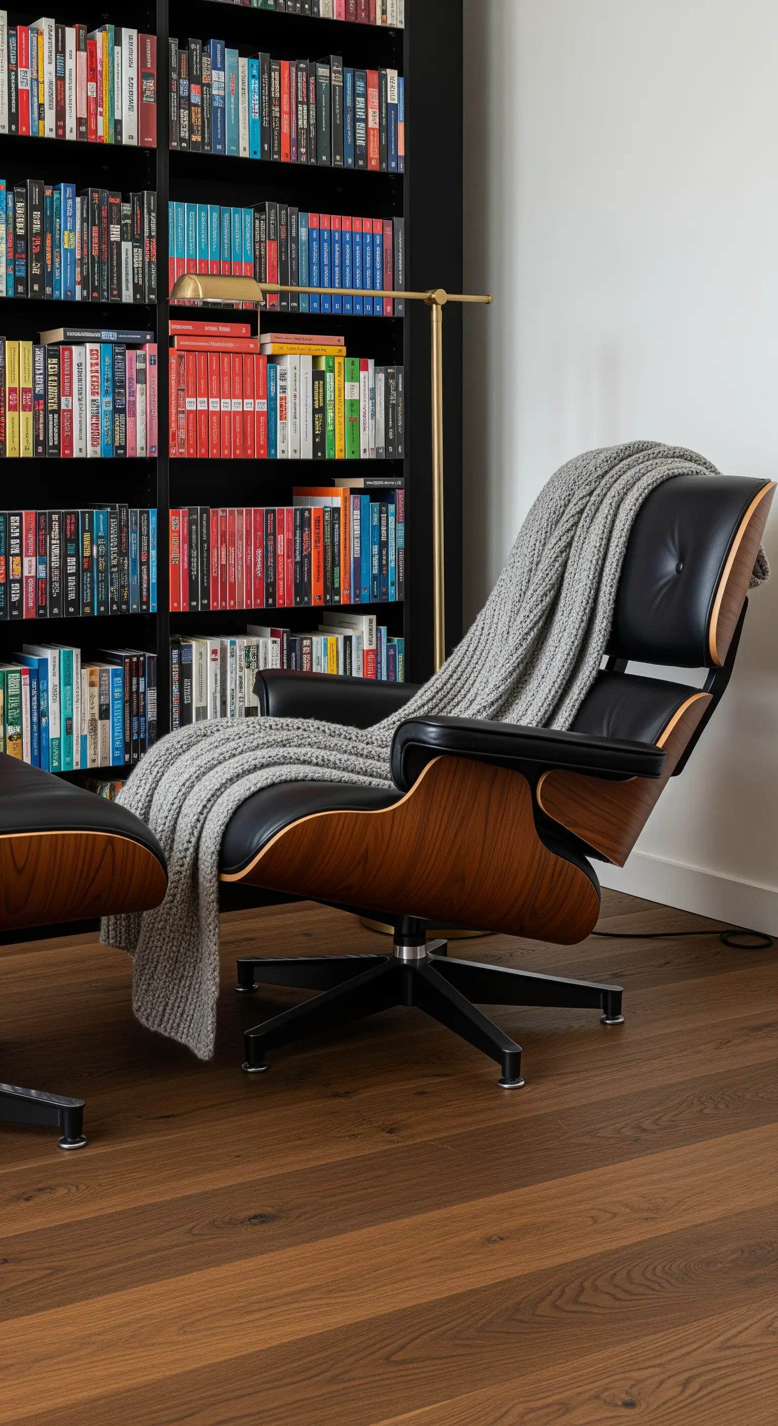 Schwarzer Ledersessel mit Strickdecke vor Bücherwand