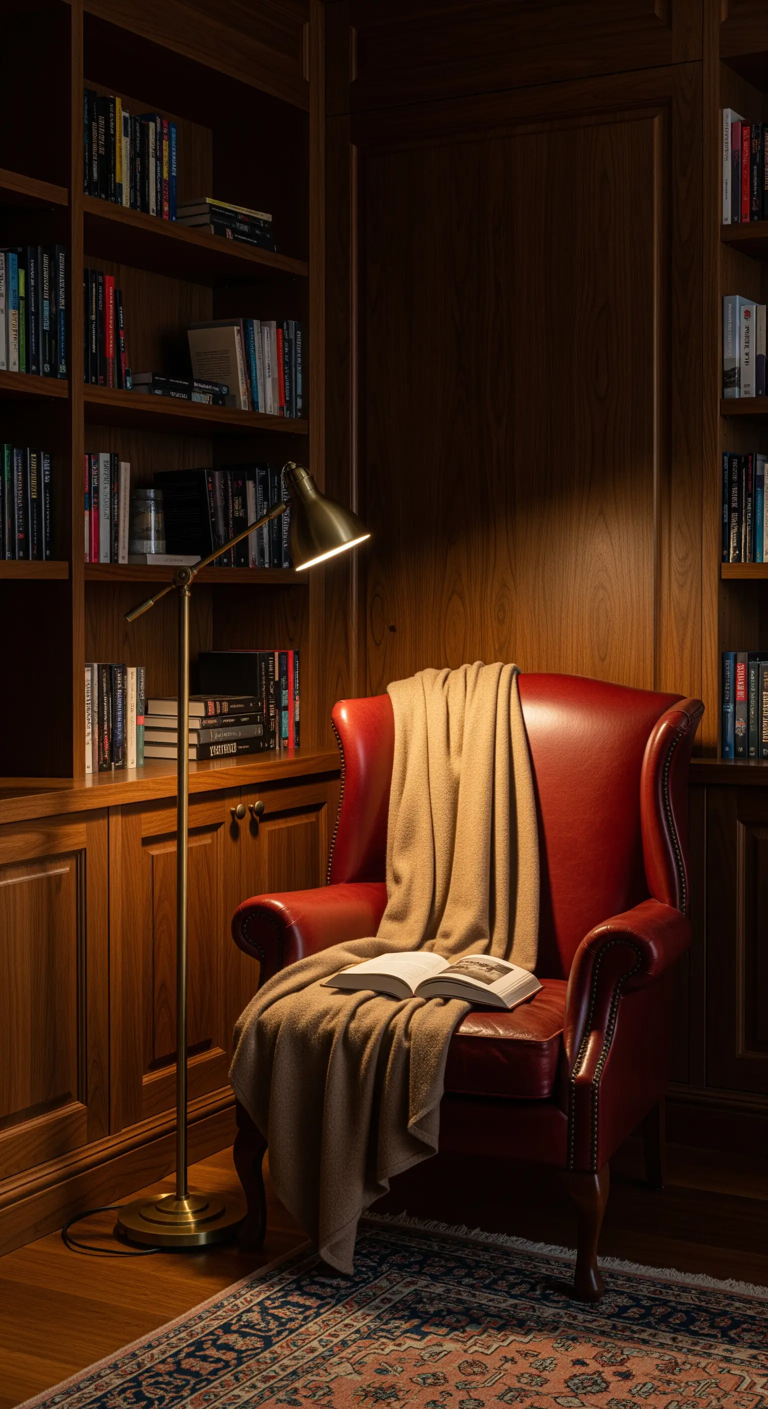 Dunkle Holzbibliothek mit rotem Ledersessel und Leselampe