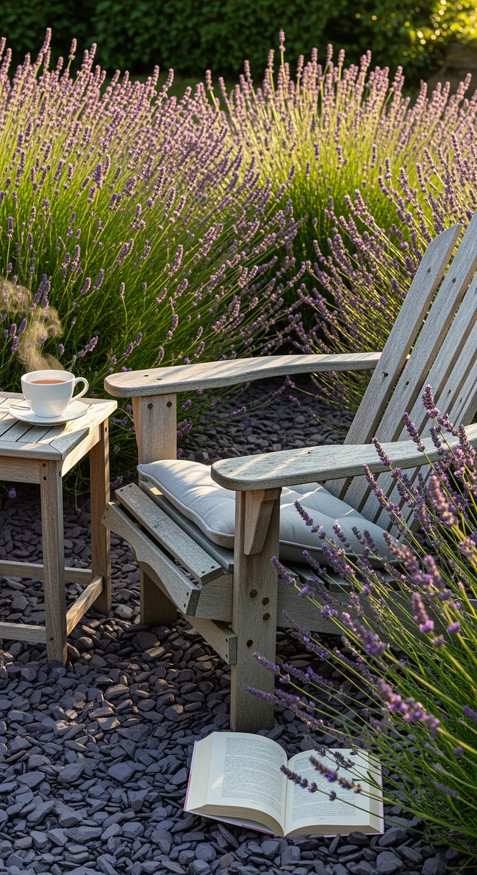 Holzstuhl und Beistelltisch auf Schieferuntergrund neben Lavendel