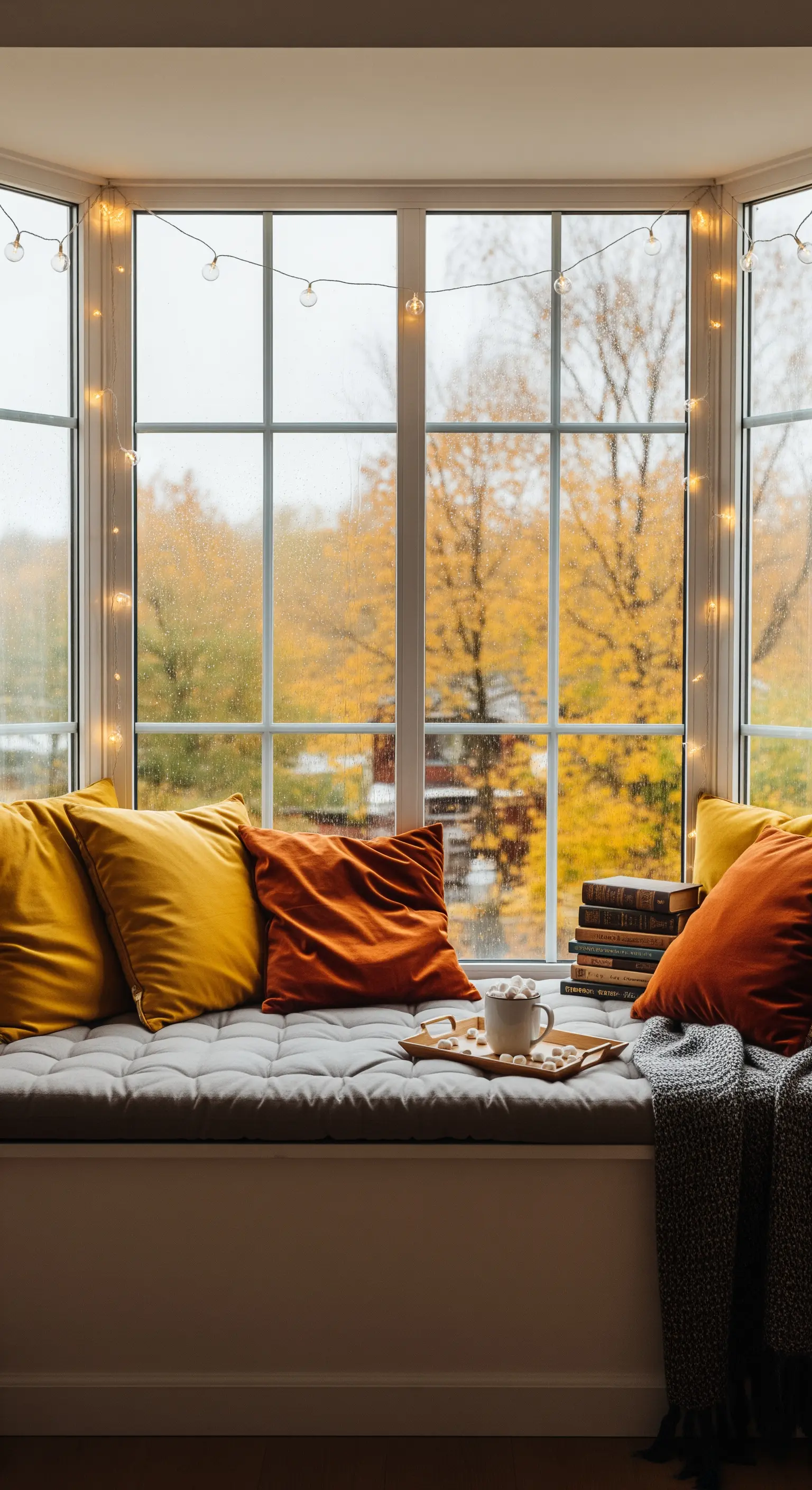 Fenstersitzbank mit gelben Kissen und Lichterkette bei Regen