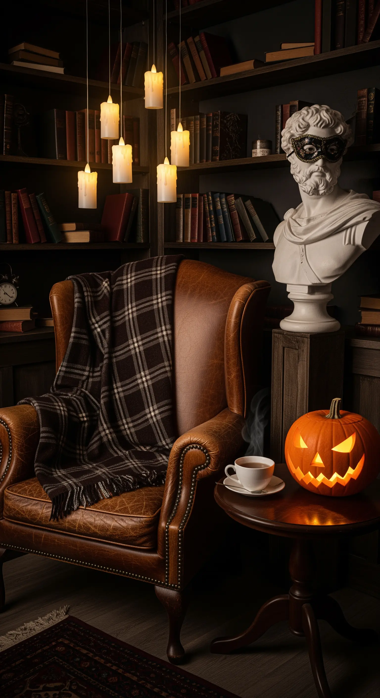 Ledersessel mit beleuchtetem Kürbis und Büste