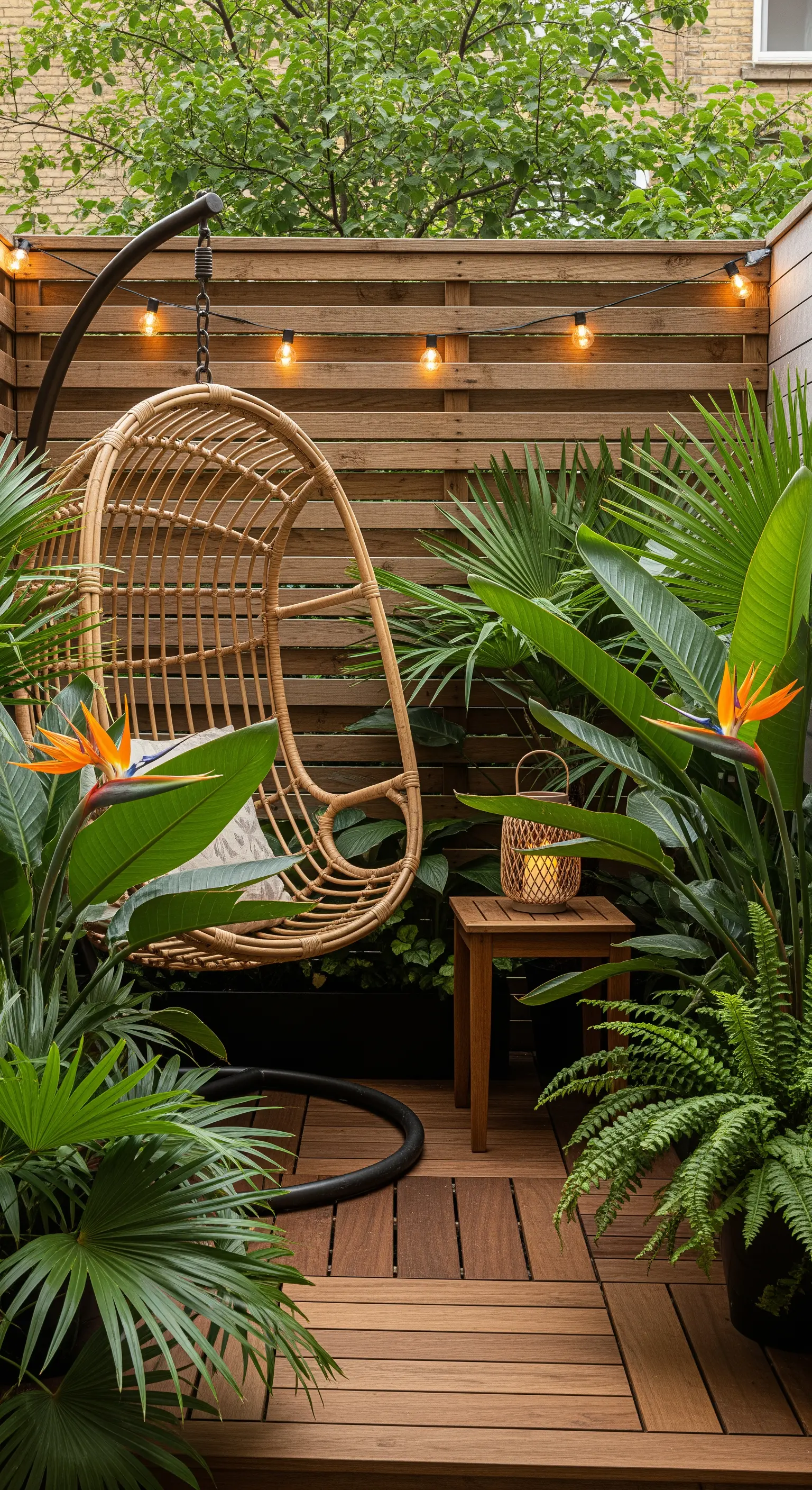 Hängesessel mit tropischen Pflanzen und Lichterkette