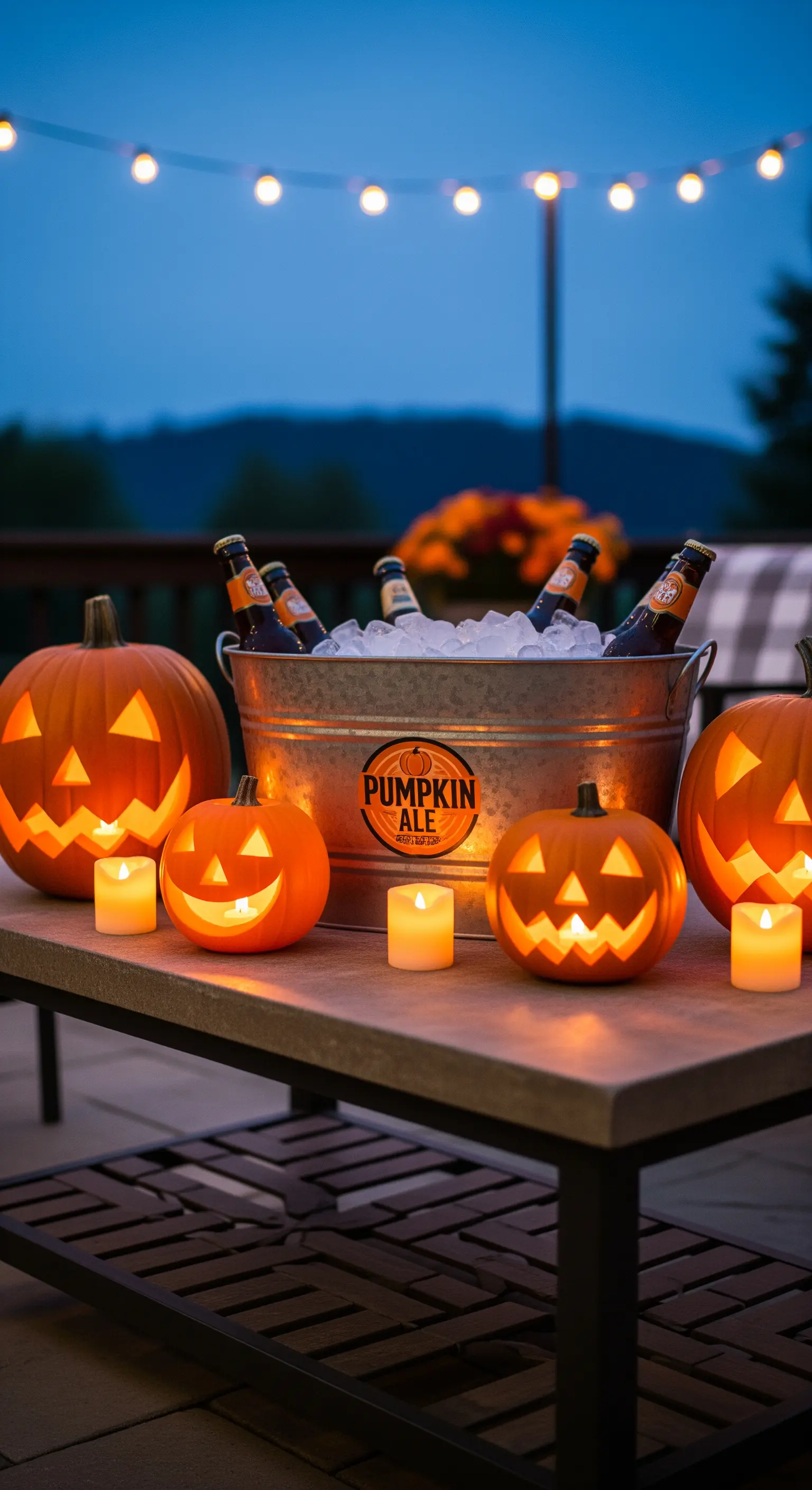 Getränkewanne mit Bier und leuchtenden Kürbissen