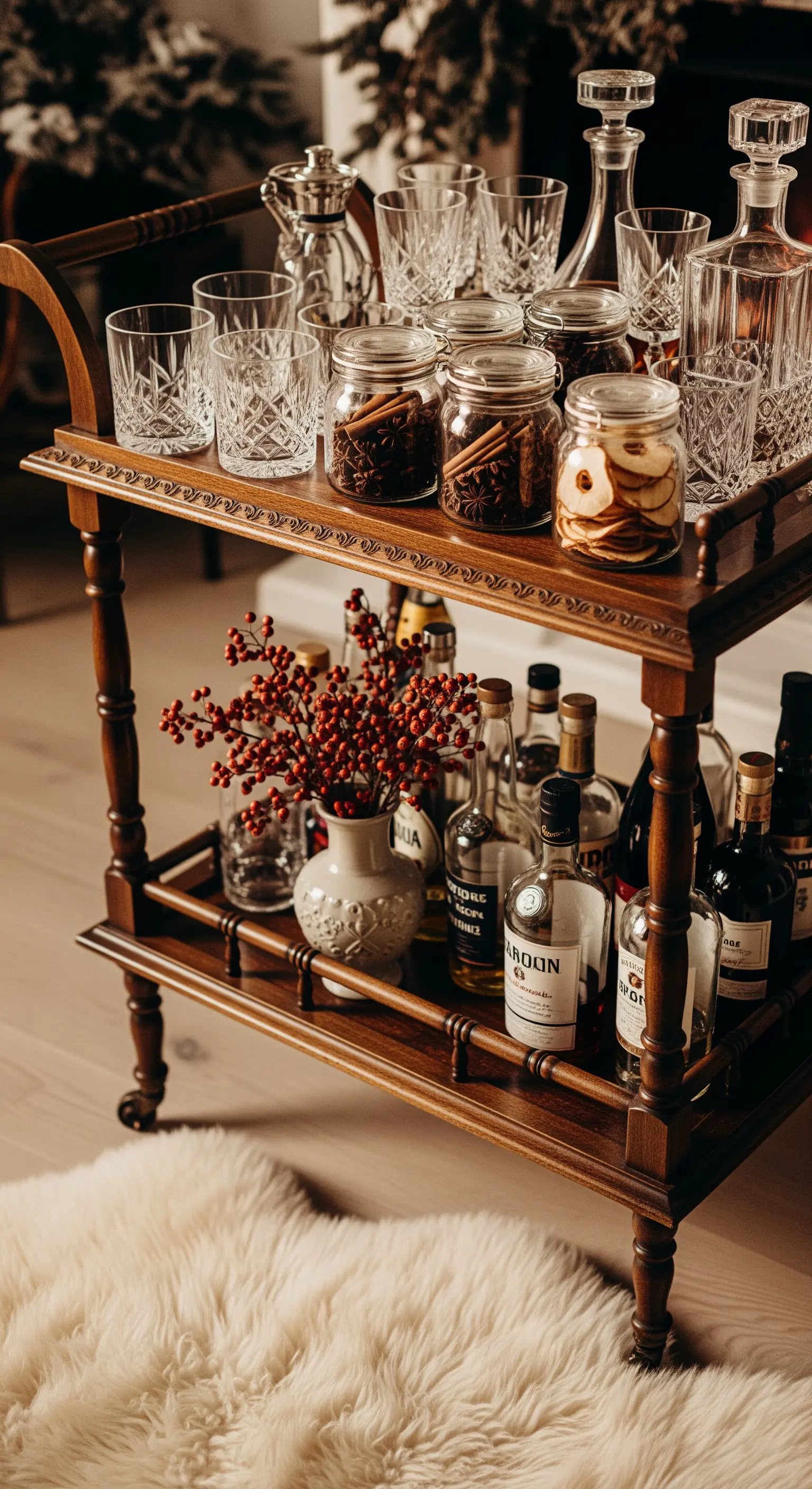 Hölzerner Barwagen mit Gewürzgläsern und rotem Beerenstrauß