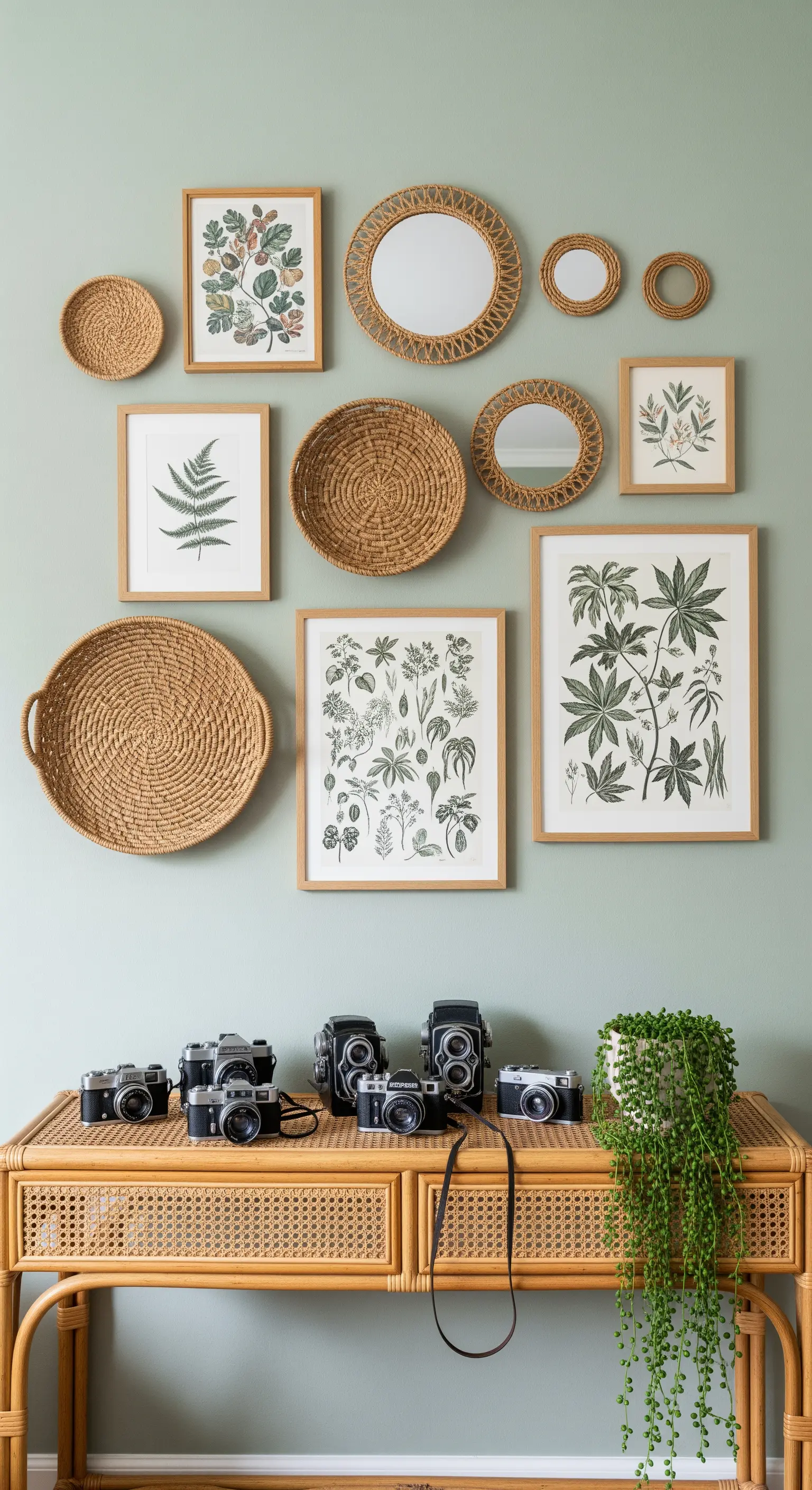 Wand mit Körben und botanischen Bildern über Sideboard mit Kameras